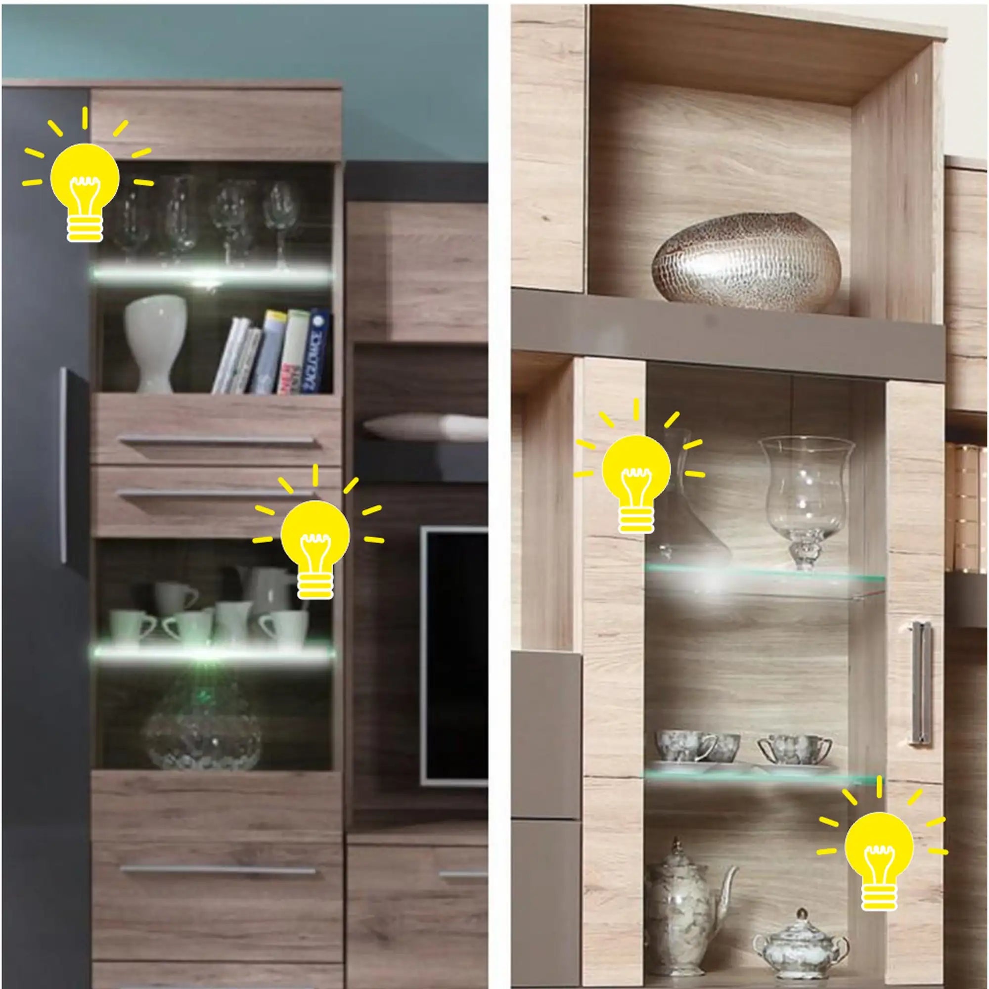 Mobilier living KORINA, stejar deschis/stejar inchis, PAL melaminat, cu iluminare LED, 6 piese, 330x200x54 cm