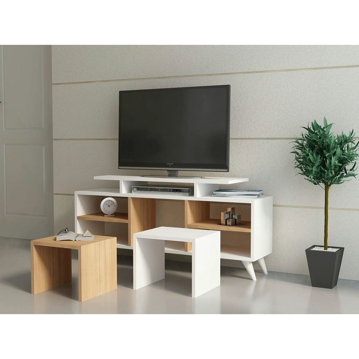 Mobilier living KUTAY, alb/stejar artisan, PAL melaminat, 3 piese, 120x30x57 cm