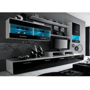 Mobilier living LEO, alb/negru lucios, PAL melaminat/sticla, cu iluminare LED, 7 piese, 250x42x180 cm