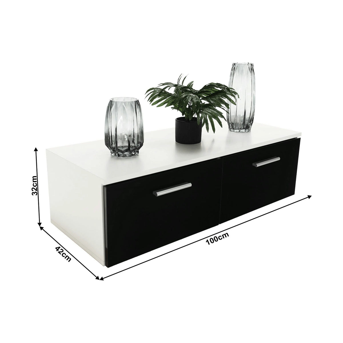 Mobilier living LEO, alb/negru lucios, PAL melaminat/sticla, cu iluminare LED, 7 piese, 250x42x180 cm