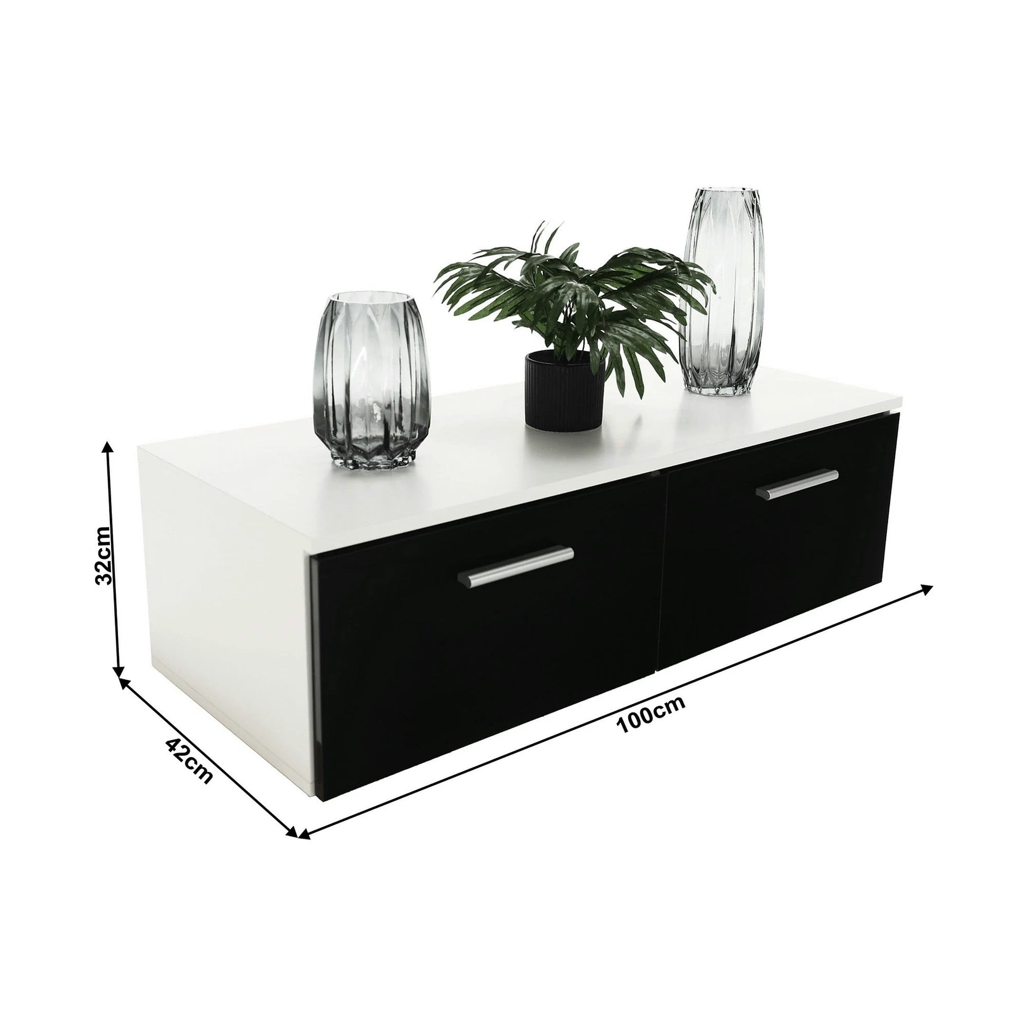 Mobilier living LEO, alb/negru lucios, PAL melaminat/sticla, cu iluminare LED, 7 piese, 250x42x180 cm