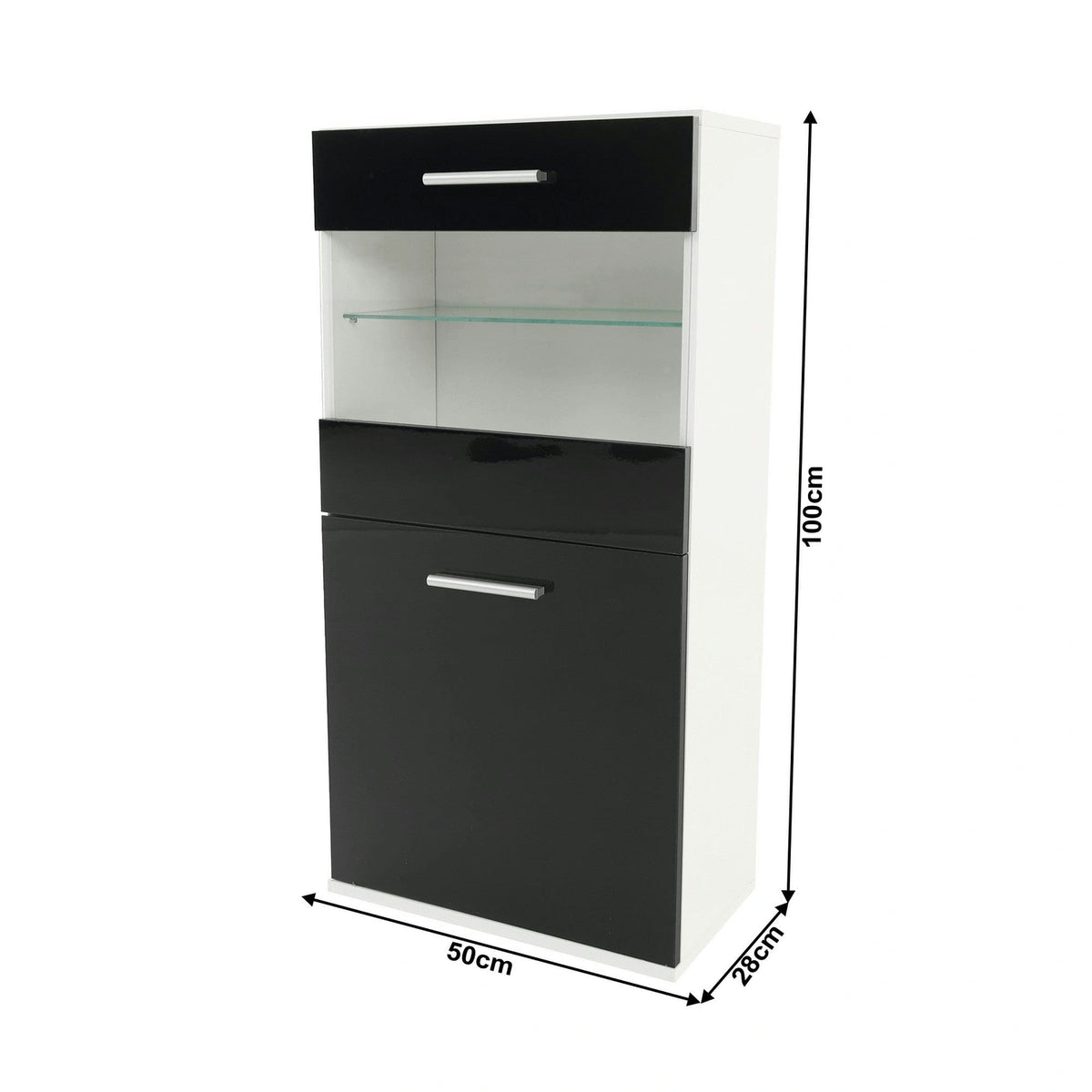 Mobilier living LEO, alb/negru lucios, PAL melaminat/sticla, cu iluminare LED, 7 piese, 250x42x180 cm