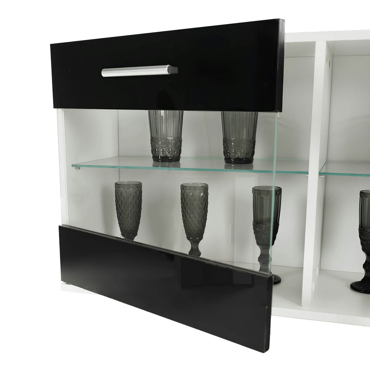 Mobilier living LEO, alb/negru lucios, PAL melaminat/sticla, cu iluminare LED, 7 piese, 250x42x180 cm