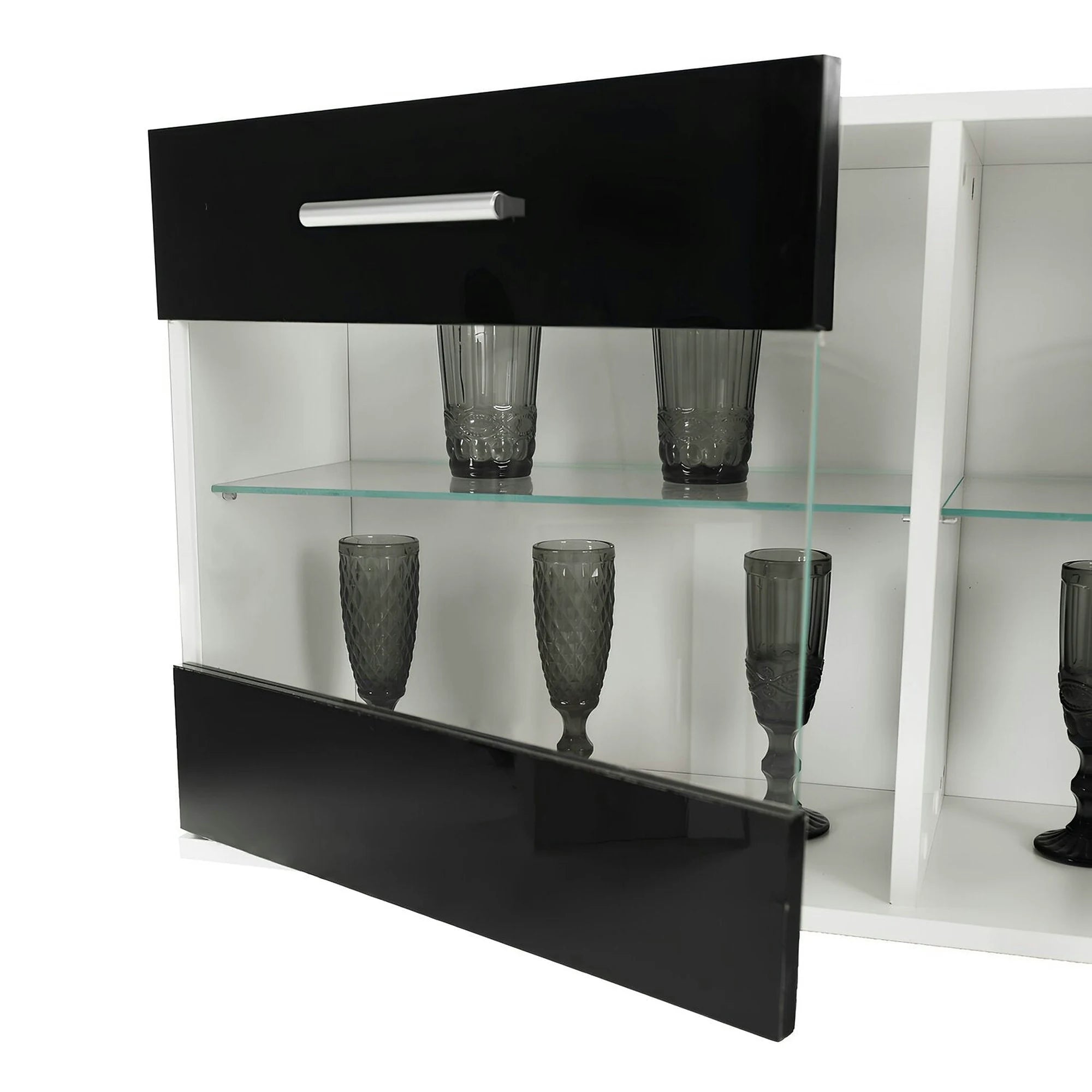 Mobilier living LEO, alb/negru lucios, PAL melaminat/sticla, cu iluminare LED, 7 piese, 250x42x180 cm