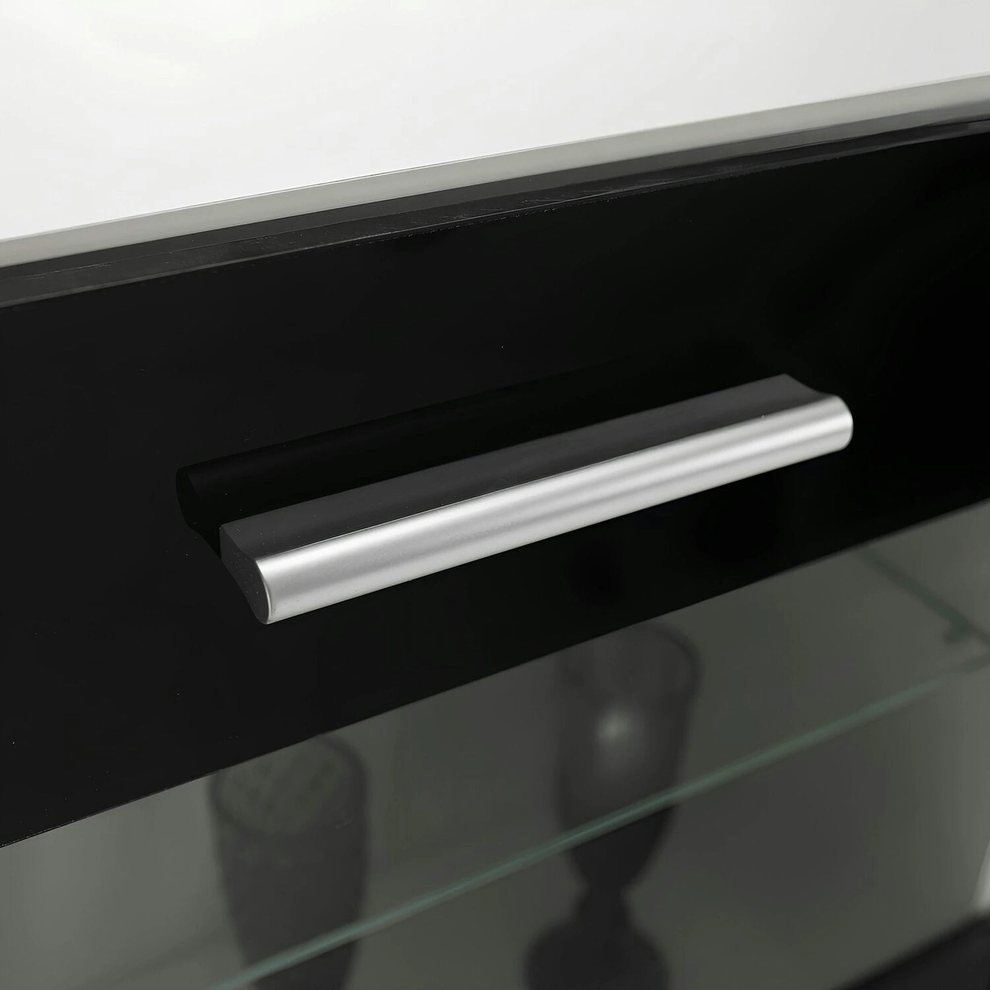 Mobilier living LEO, alb/negru lucios, PAL melaminat/sticla, cu iluminare LED, 7 piese, 250x42x180 cm