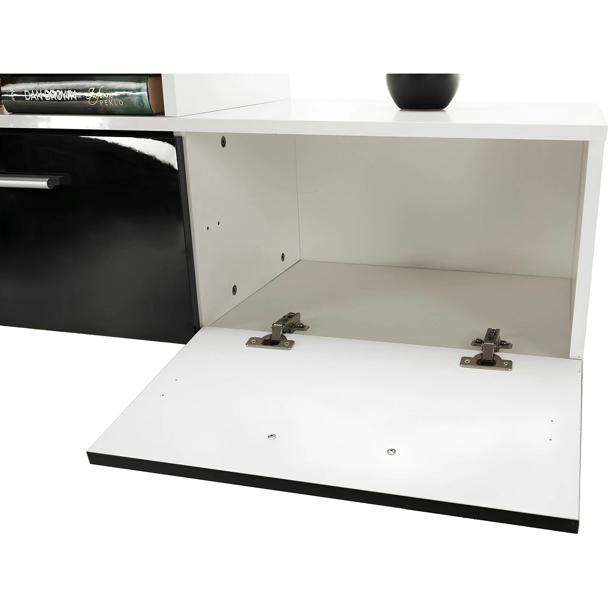 Mobilier living LEO, alb/negru lucios, PAL melaminat/sticla, cu iluminare LED, 7 piese, 250x42x180 cm