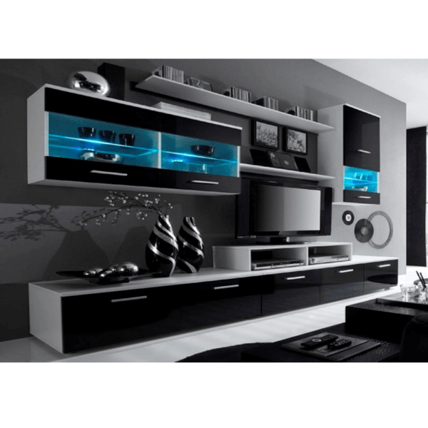 Mobilier living LEO, alb/negru lucios, PAL melaminat/sticla, cu iluminare LED, 7 piese, 250x42x180 cm
