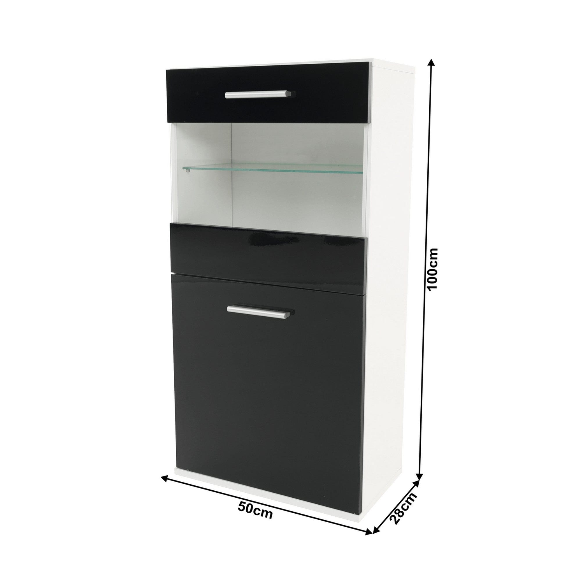 Mobilier living LEO, alb/negru lucios, PAL melaminat/sticla, cu iluminare LED, 7 piese, 250x42x180 cm