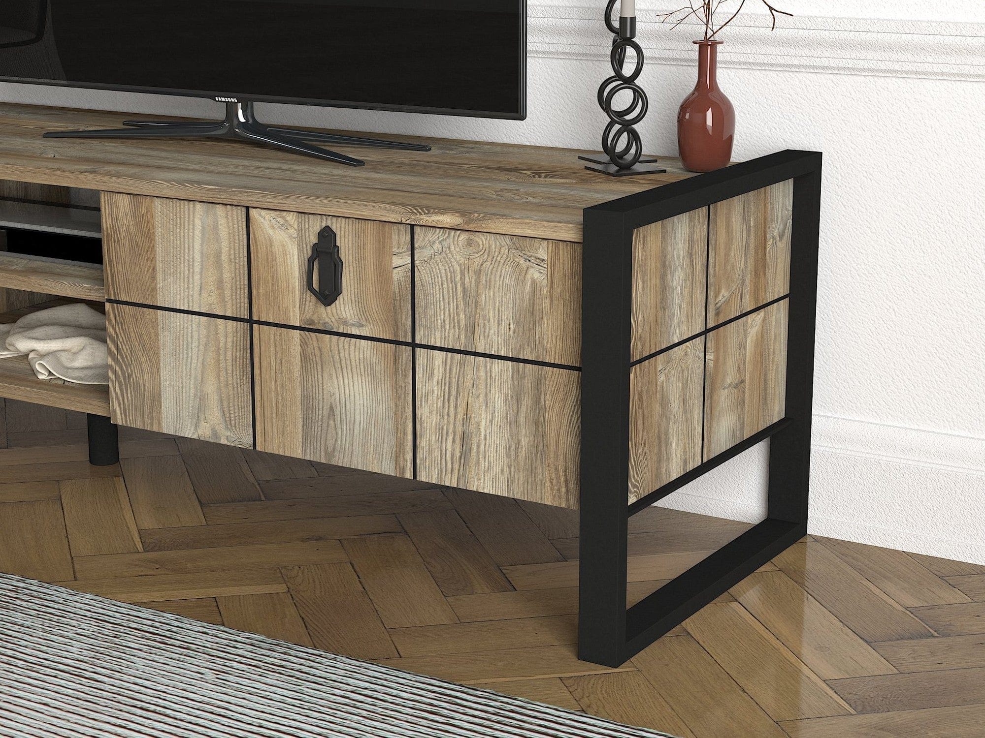 Mobilier living LOST, stejar canyon/negru, PAL melaminat/metal, 2 piese