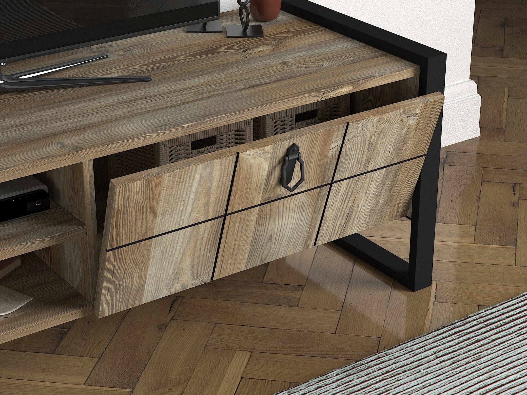 Mobilier living LOST, stejar canyon/negru, PAL melaminat/metal, 2 piese