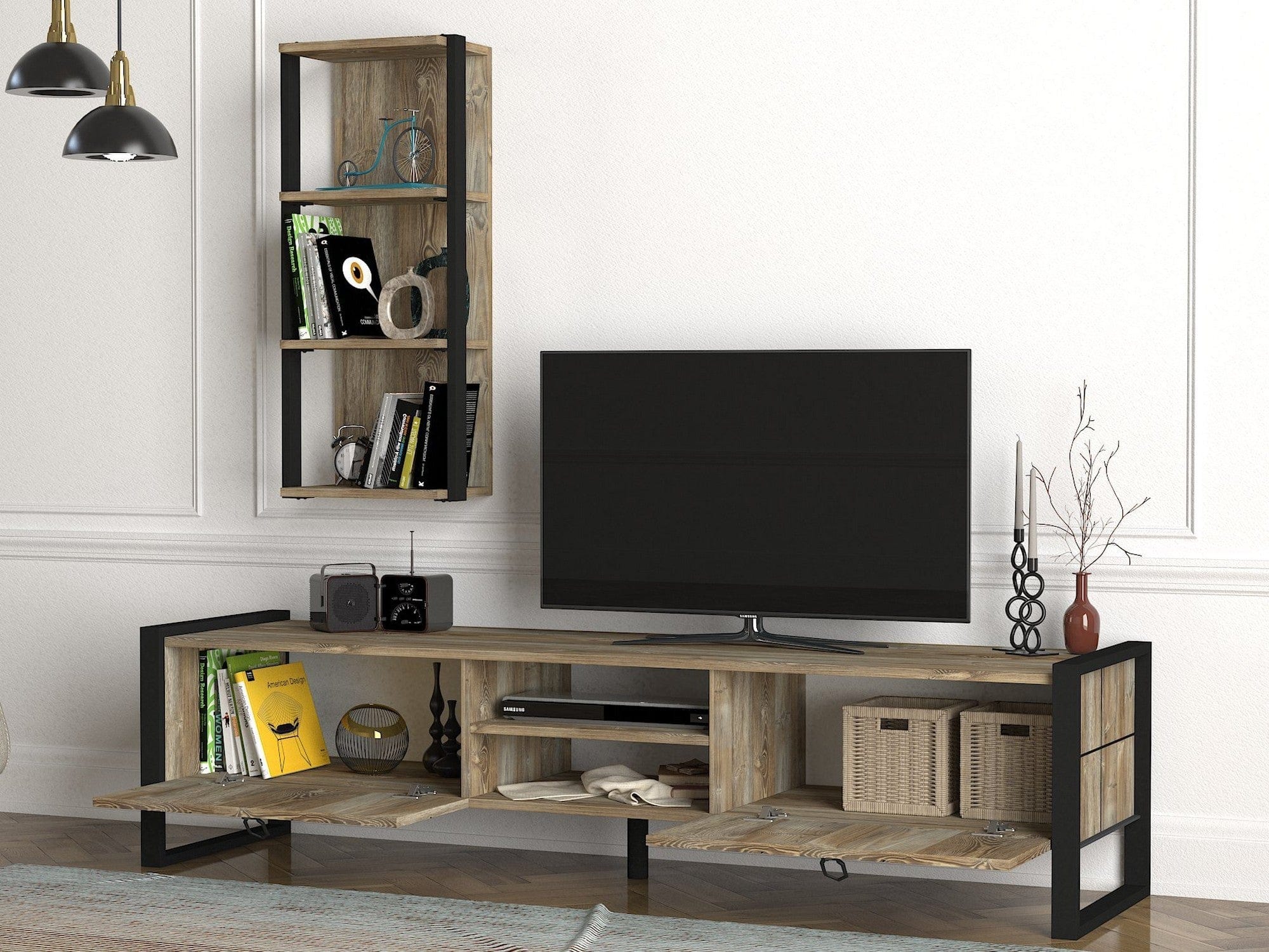 Mobilier living LOST, stejar canyon/negru, PAL melaminat/metal, 2 piese
