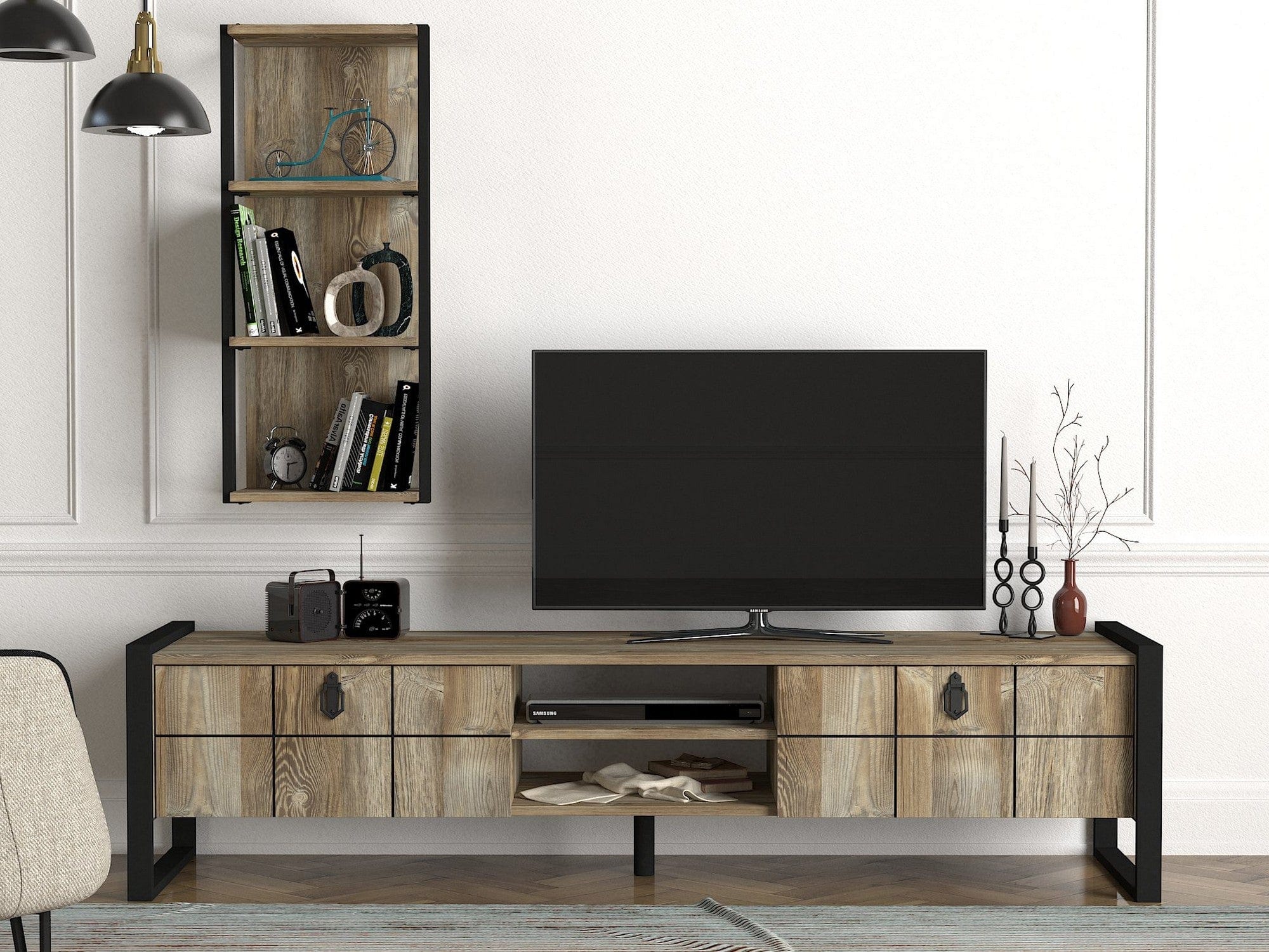 Mobilier living LOST, stejar canyon/negru, PAL melaminat/metal, 2 piese