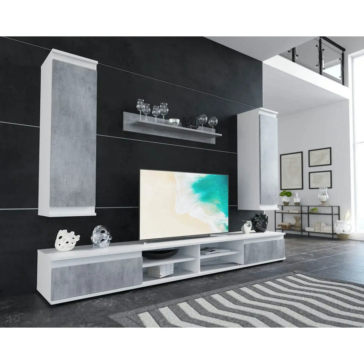 Mobilier living LUSIA, gri beton/alb, PAL, 4 piese, 220x37x160 cm