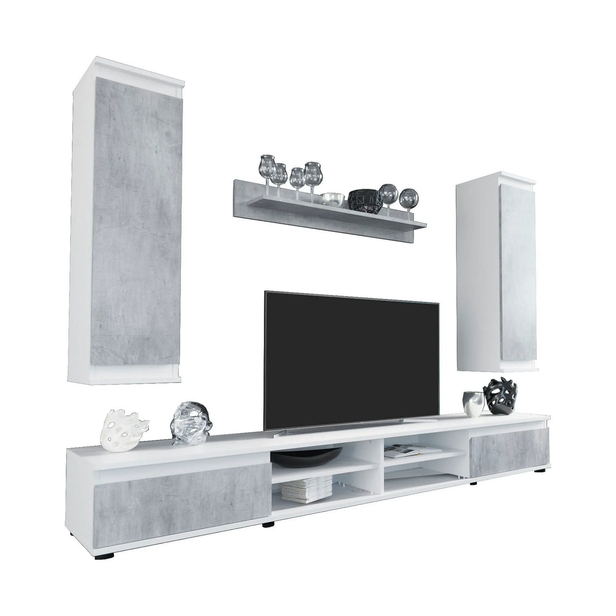 Mobilier living LUSIA, gri beton/alb, PAL, 4 piese, 220x37x160 cm