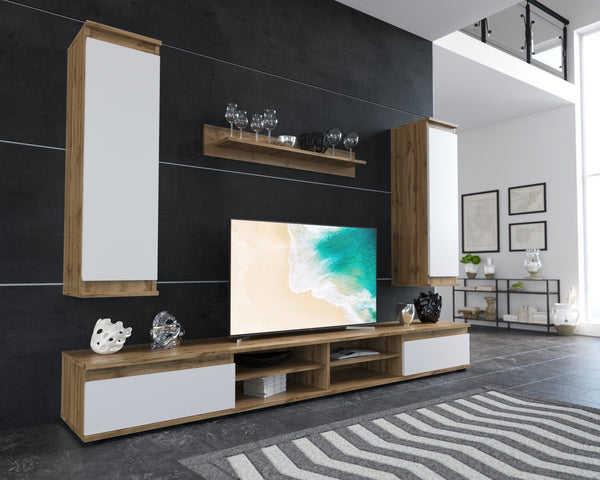 Mobilier living LUSIA, stejar/alb, PAL, 4 piese, 220x37x160 cm