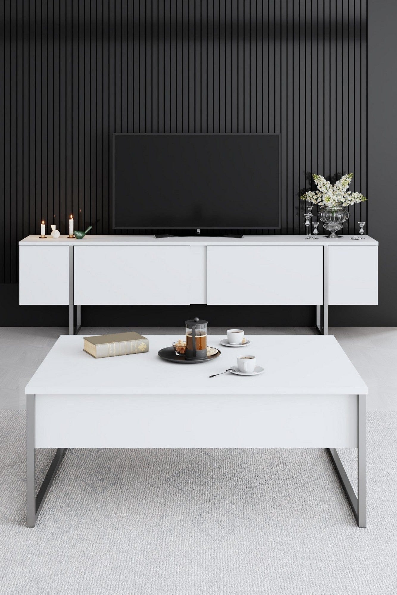 Mobilier living LUXE, alb/argintiu, PAL melaminat/metal, 3 piese