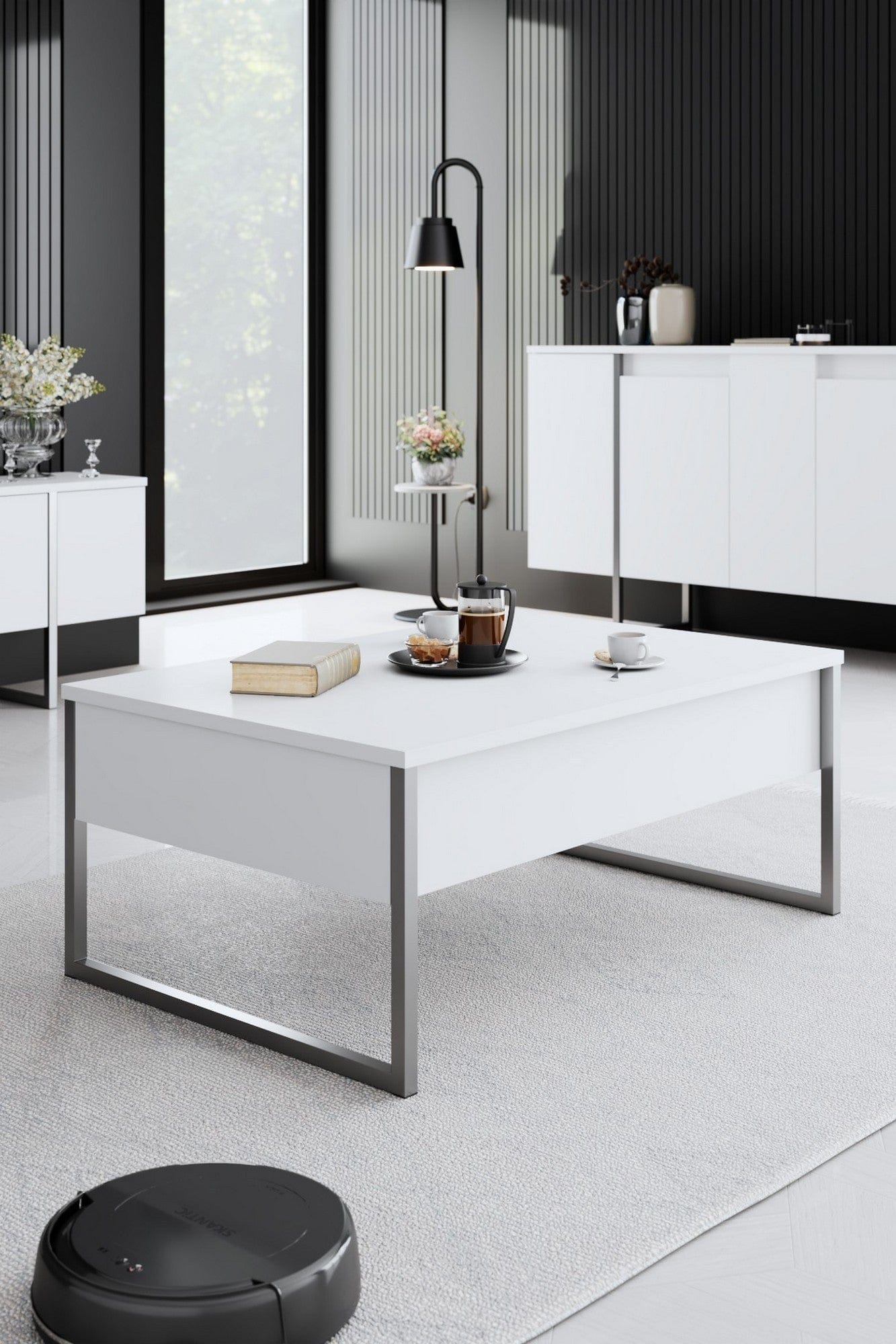 Mobilier living LUXE, alb/argintiu, PAL melaminat/metal, 3 piese