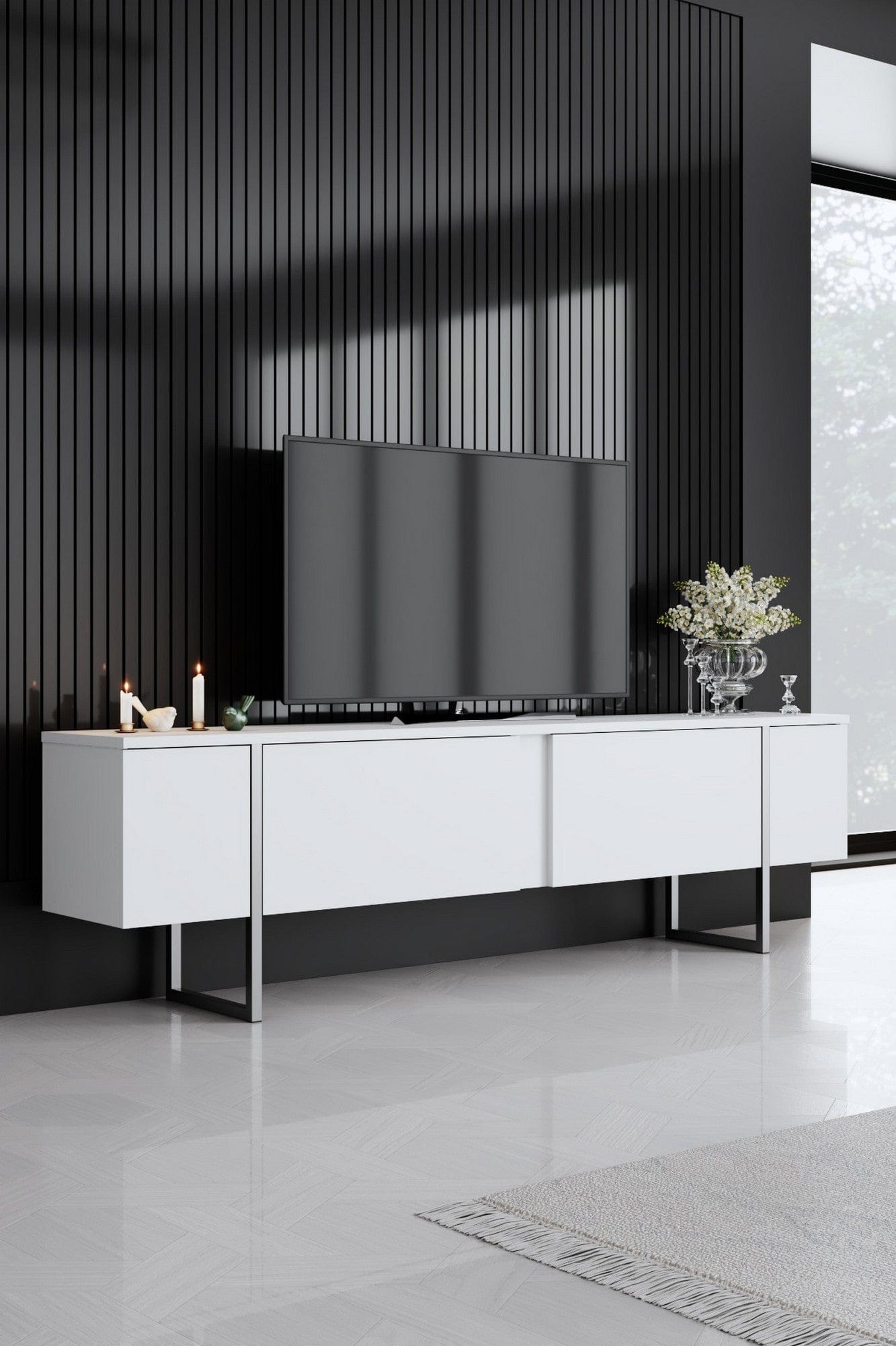 Mobilier living LUXE, alb/argintiu, PAL melaminat/metal, 3 piese