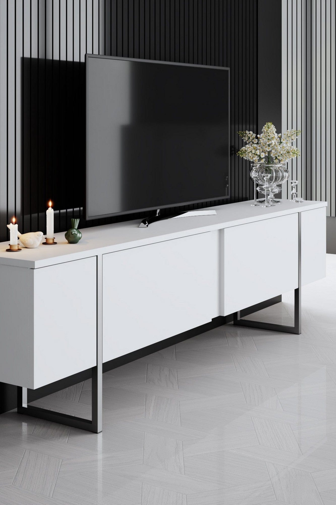 Mobilier living LUXE, alb/argintiu, PAL melaminat/metal, 3 piese