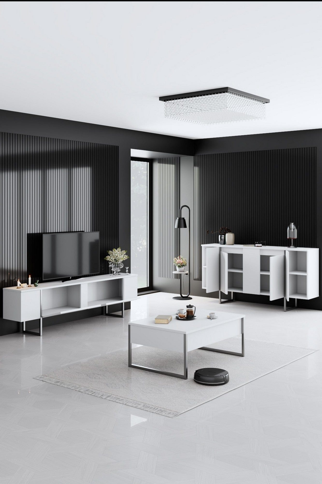 Mobilier living LUXE, alb/argintiu, PAL melaminat/metal, 3 piese