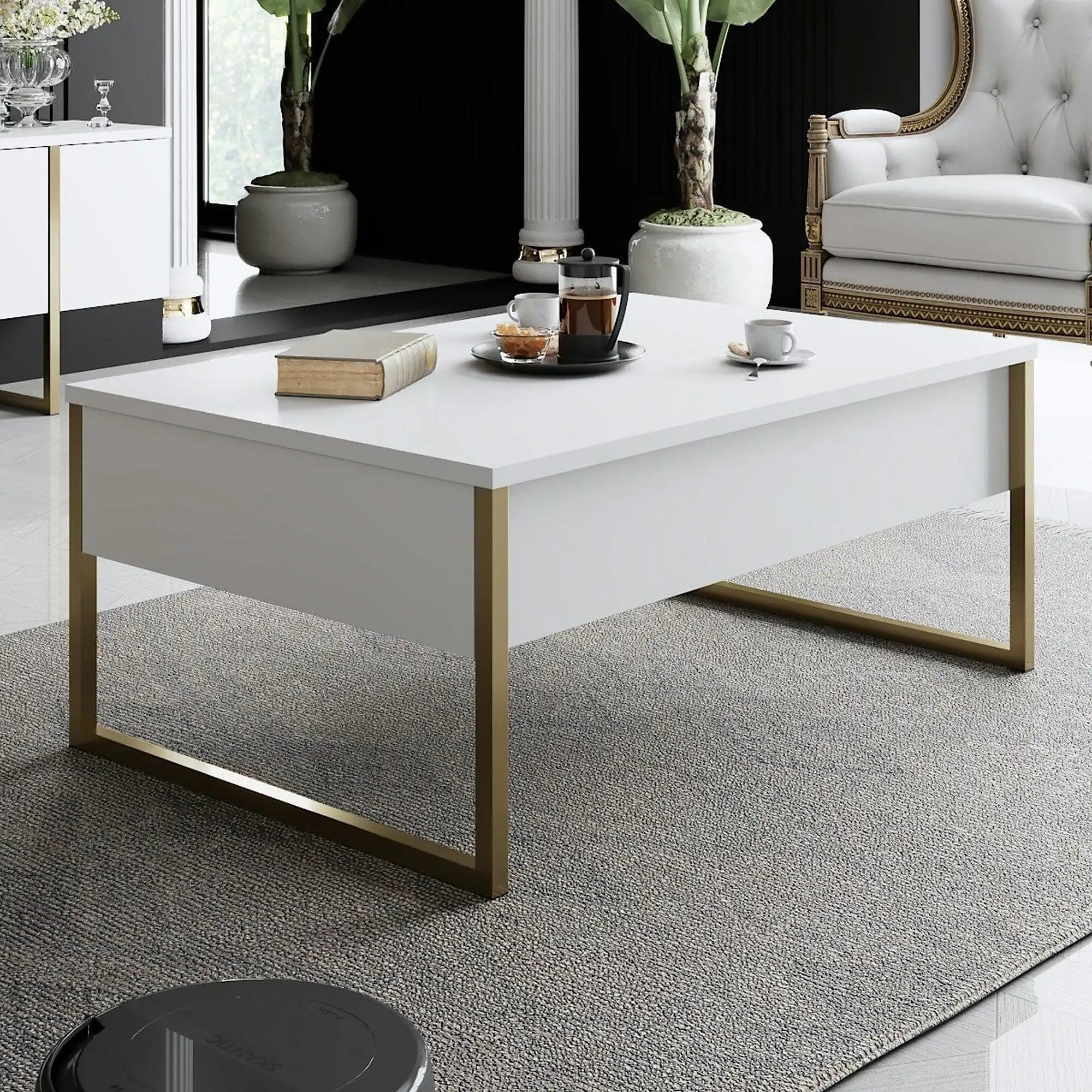 Mobilier living LUXE, alb/auriu, PAL melaminat/metal, 2 piese