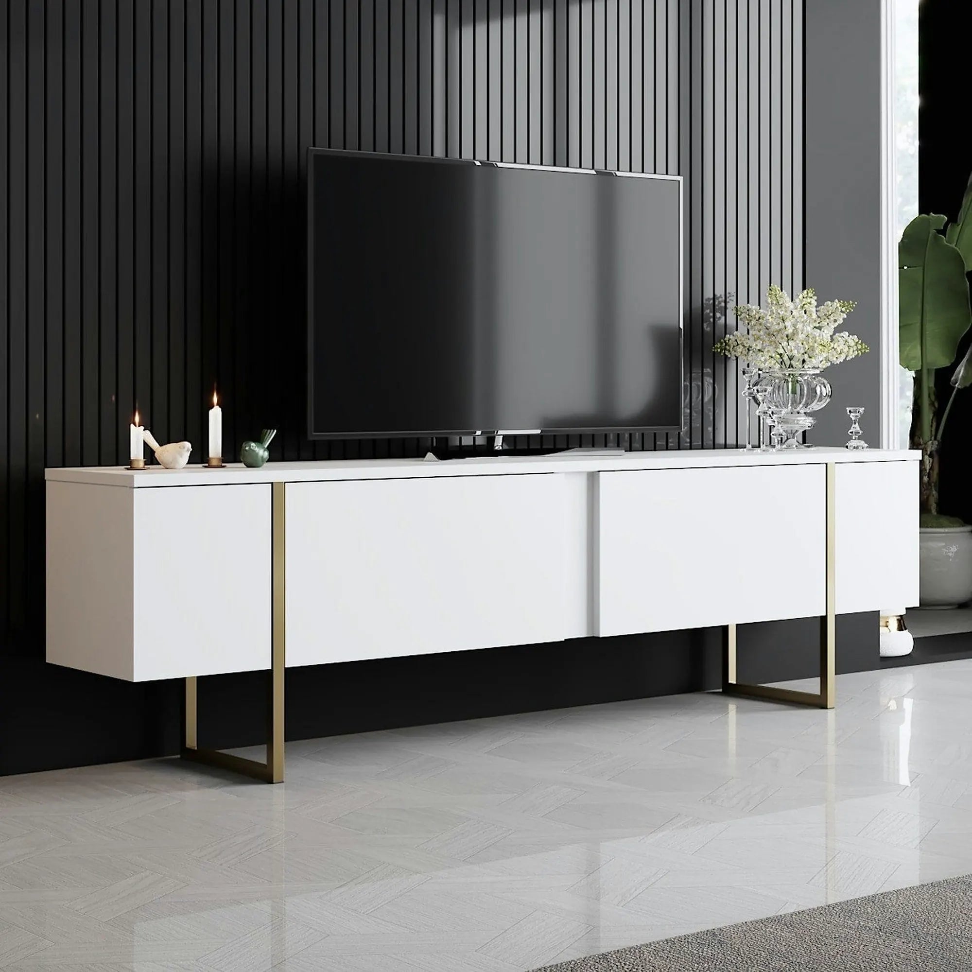 Mobilier living LUXE, alb/auriu, PAL melaminat/metal, 2 piese