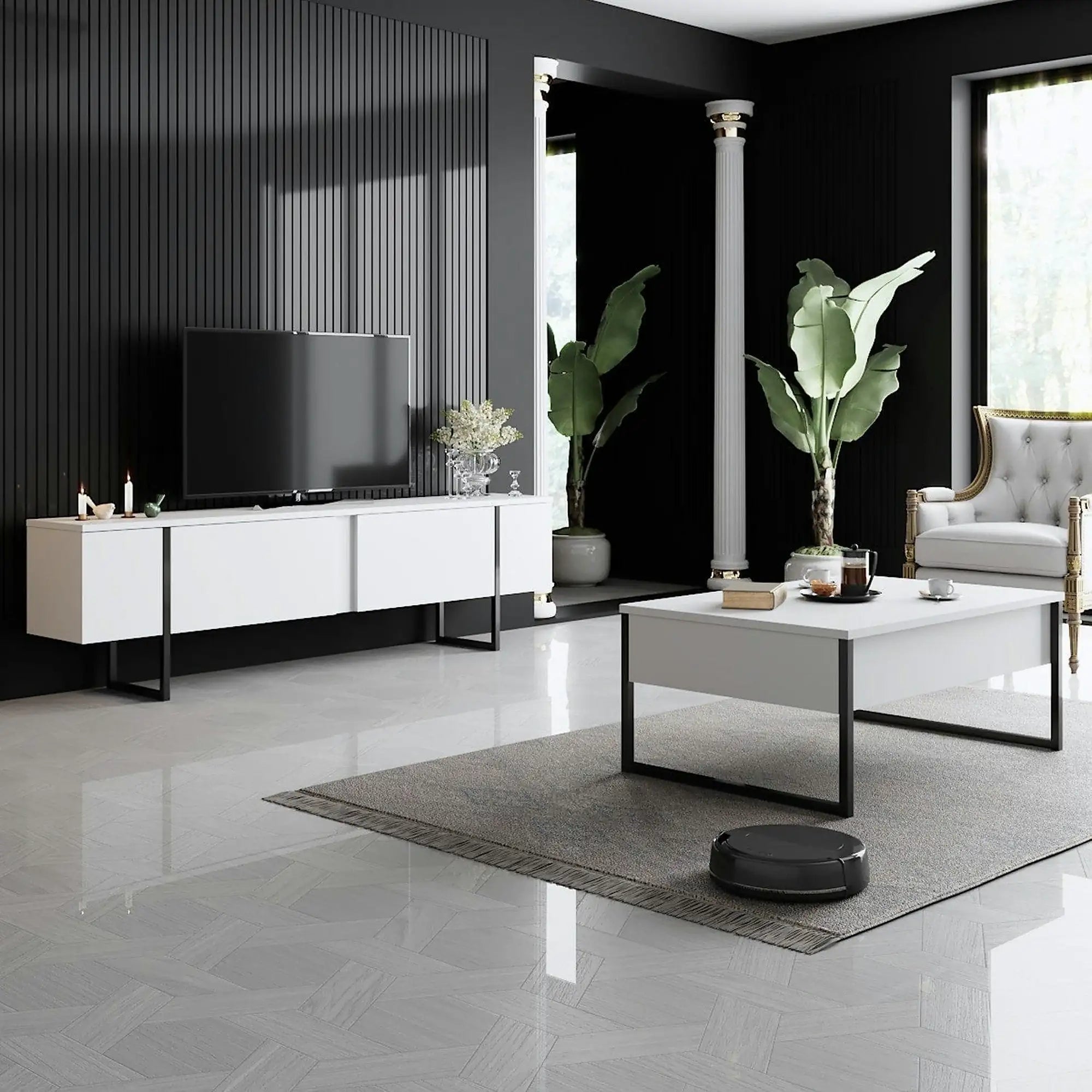 Mobilier living LUXE, alb/negru, PAL melaminat/metal, 2 piese