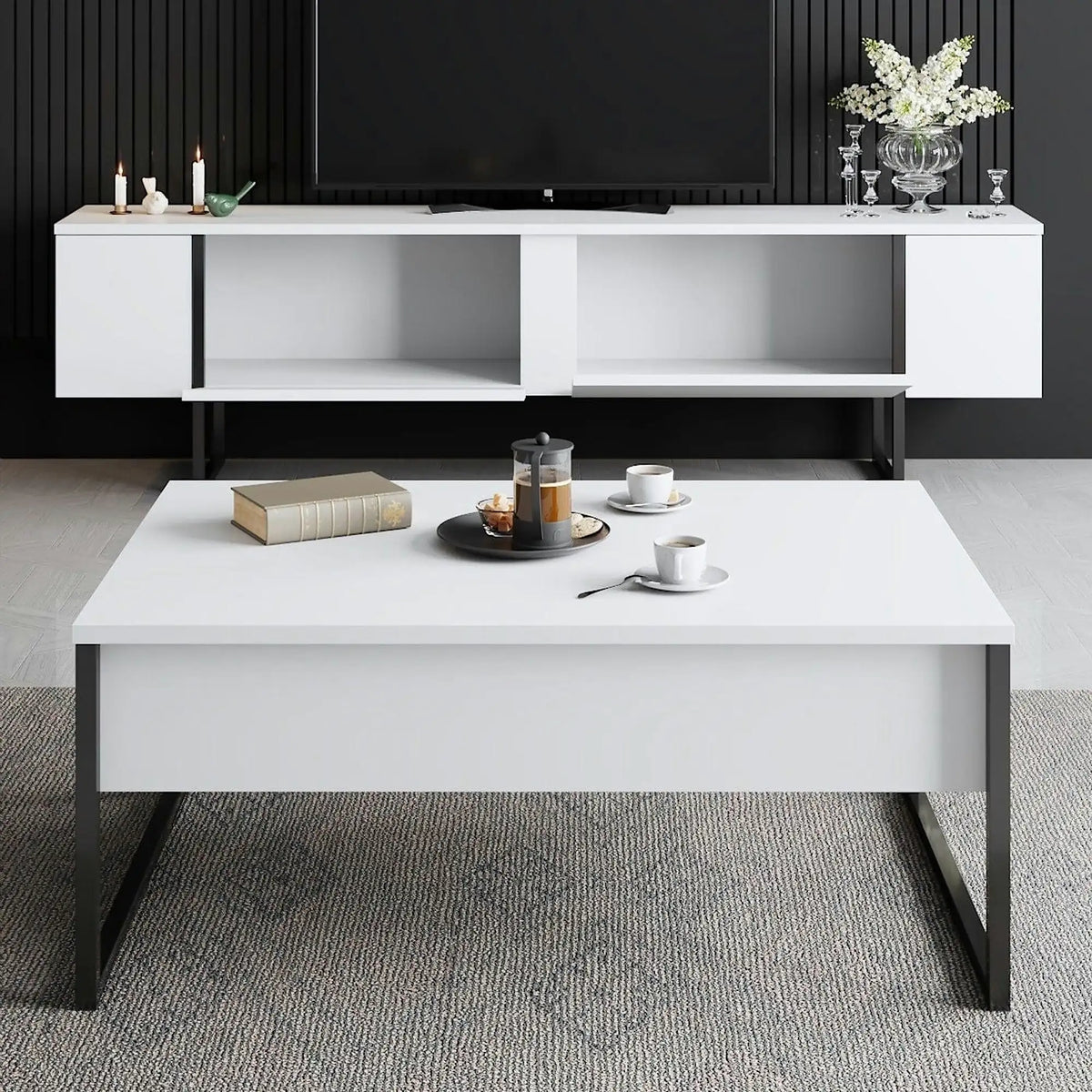 Mobilier living LUXE, alb/negru, PAL melaminat/metal, 2 piese