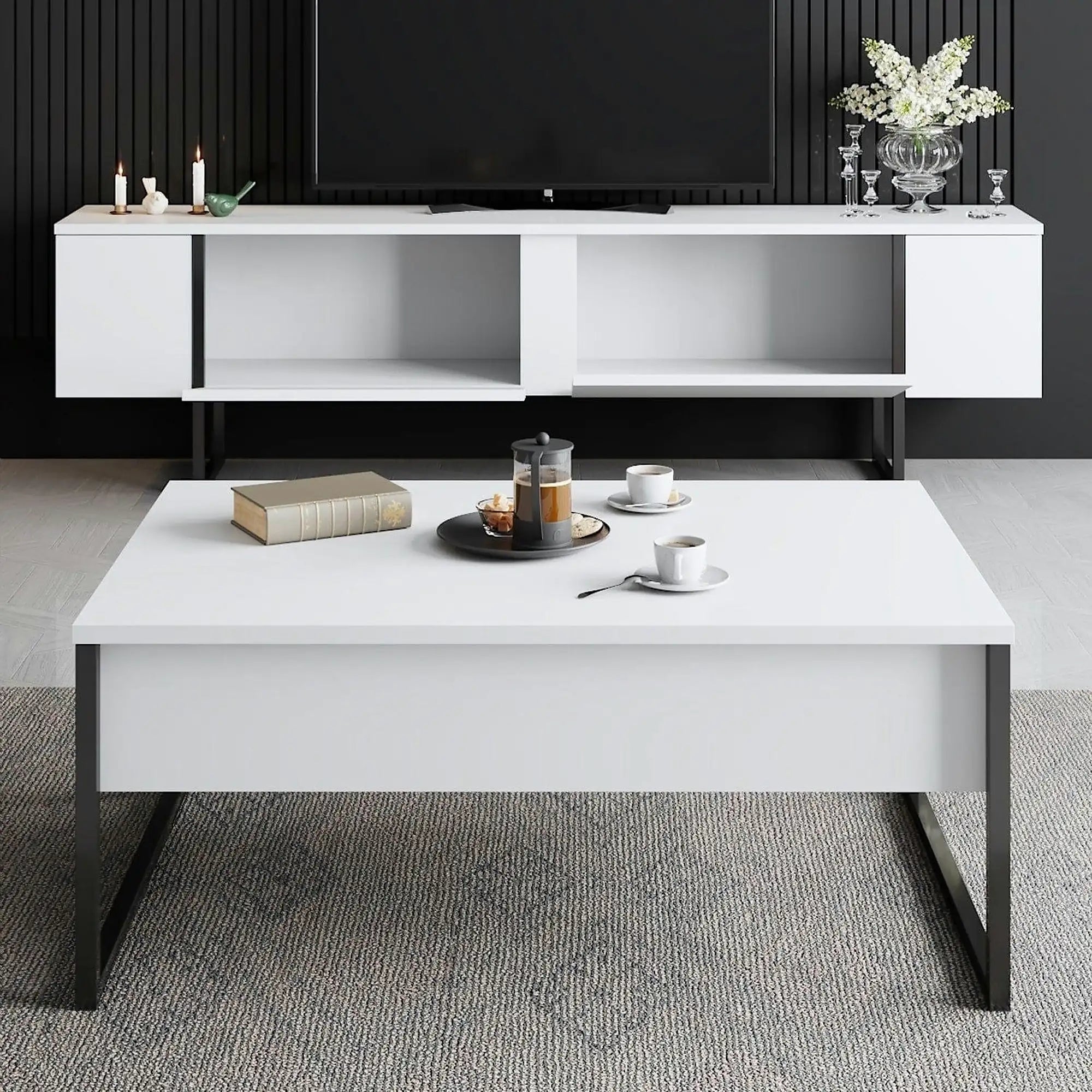 Mobilier living LUXE, alb/negru, PAL melaminat/metal, 2 piese