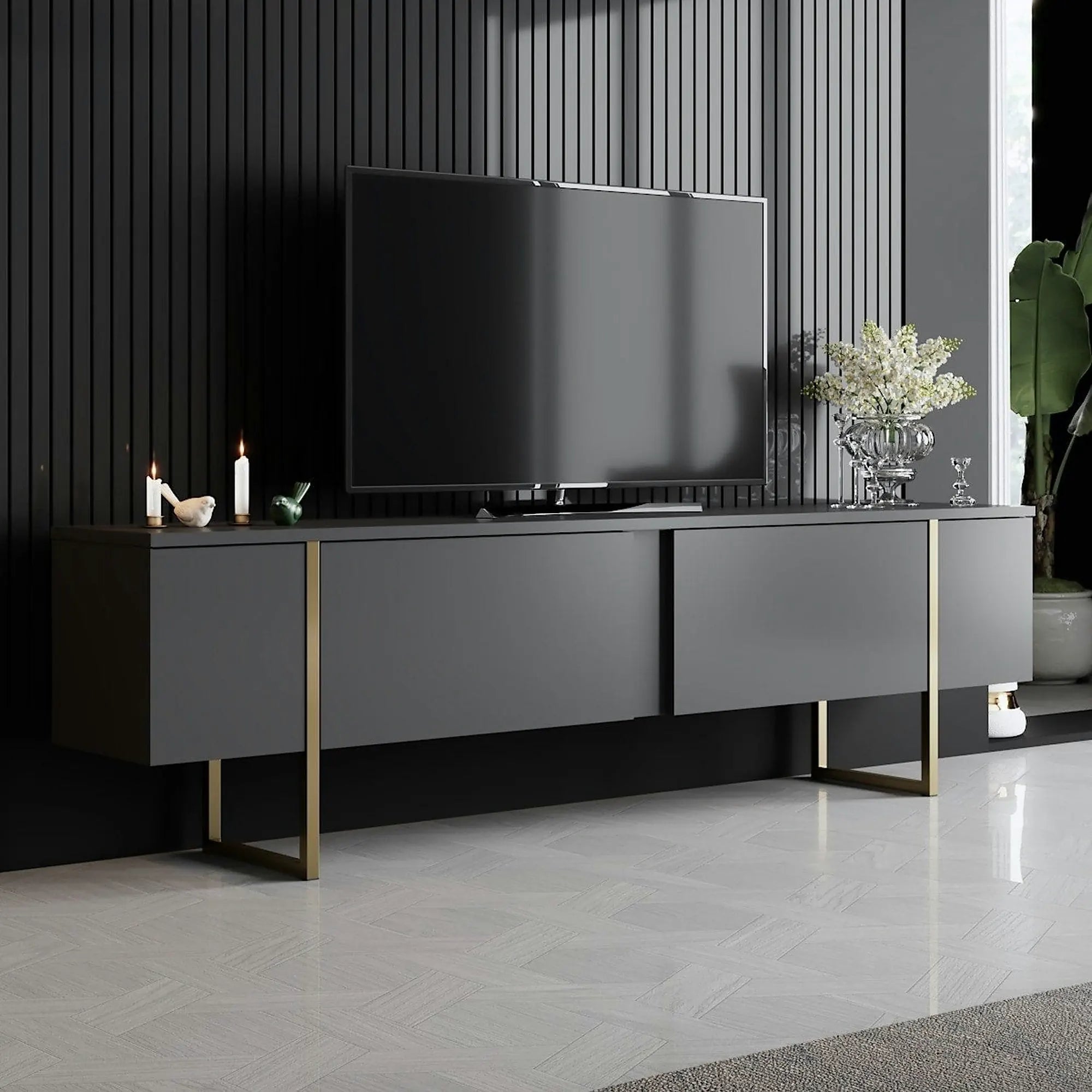 Mobilier living LUXE, gri antracit/auriu, PAL melaminat/metal, 2 piese