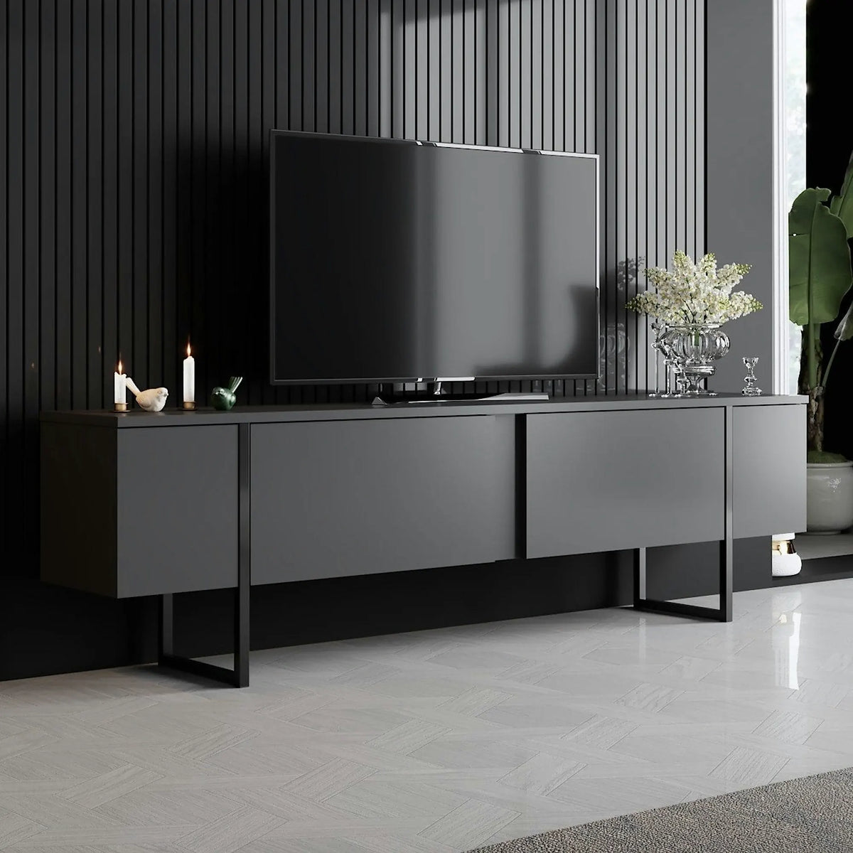 Mobilier living LUXE, gri antracit/negru, PAL melaminat/metal, 2 piese