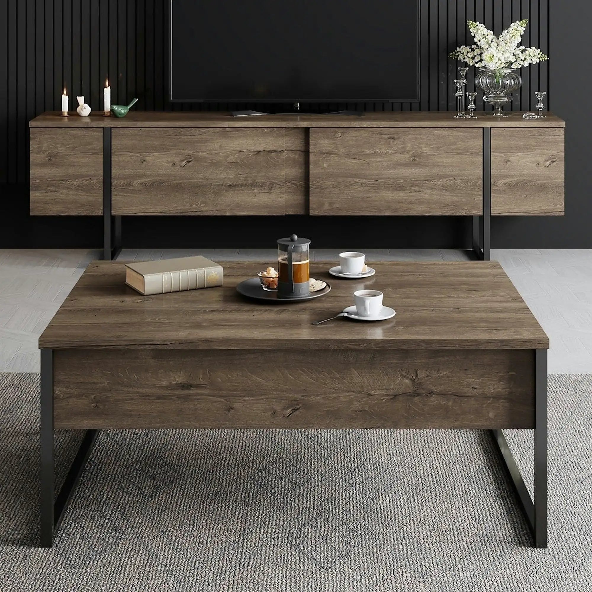 Mobilier living LUXE, nuc/negru, PAL melaminat/metal, 2 piese