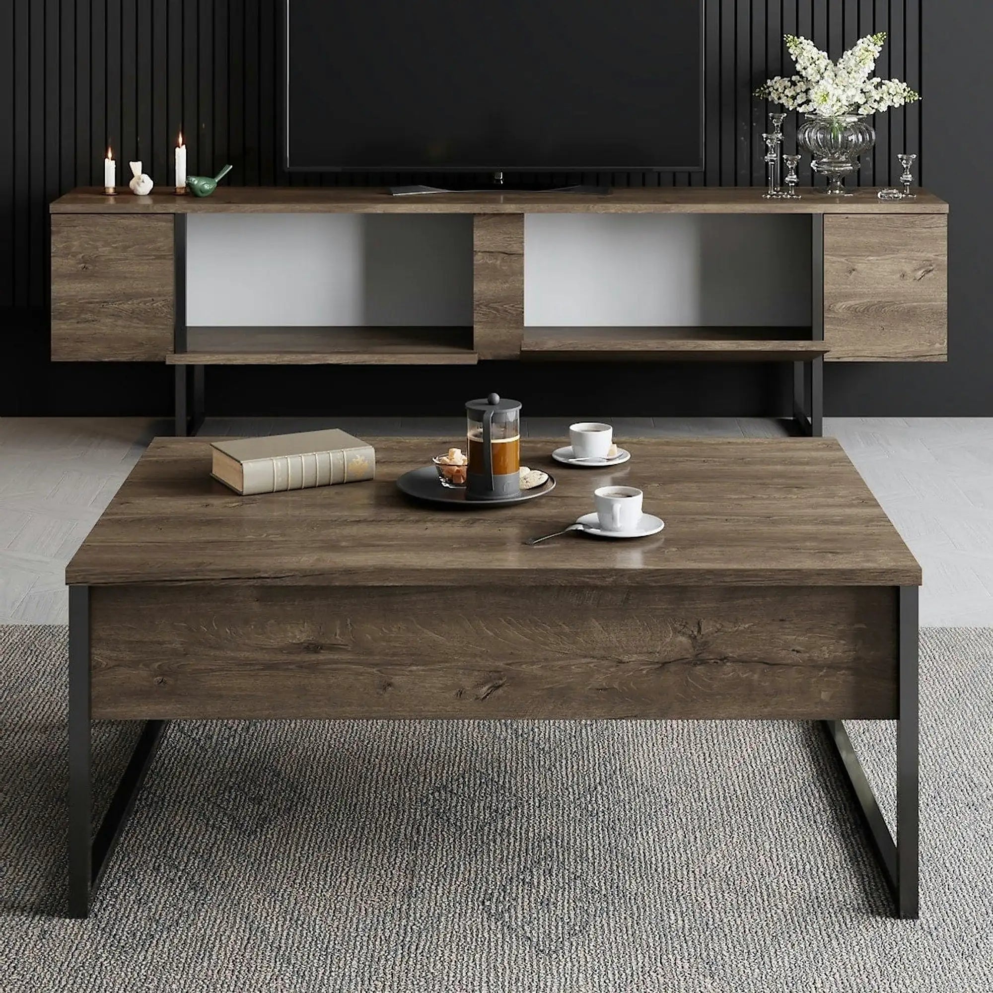 Mobilier living LUXE, nuc/negru, PAL melaminat/metal, 2 piese