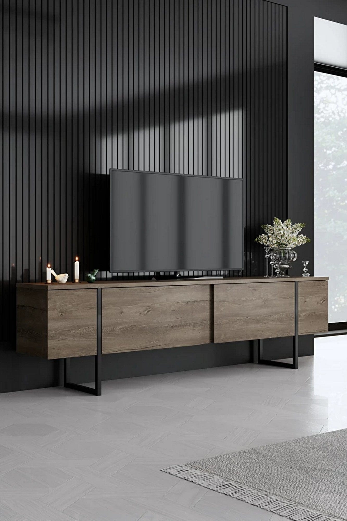 Mobilier living LUXE, stejar inchis/negru, PAL melaminat/metal, 3 piese