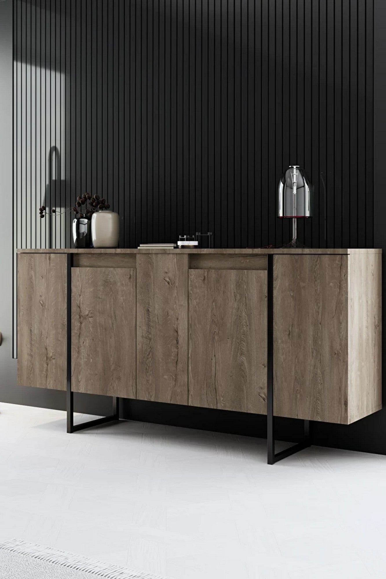 Mobilier living LUXE, stejar inchis/negru, PAL melaminat/metal, 3 piese