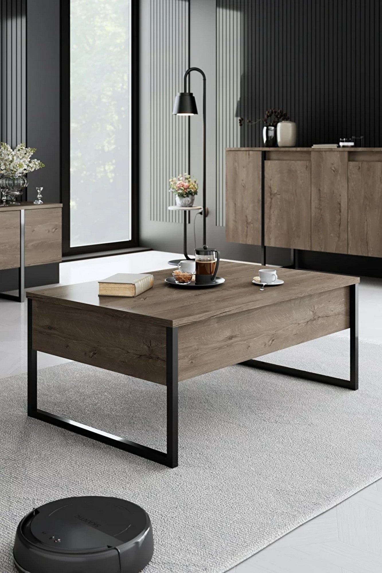 Mobilier living LUXE, stejar inchis/negru, PAL melaminat/metal, 3 piese