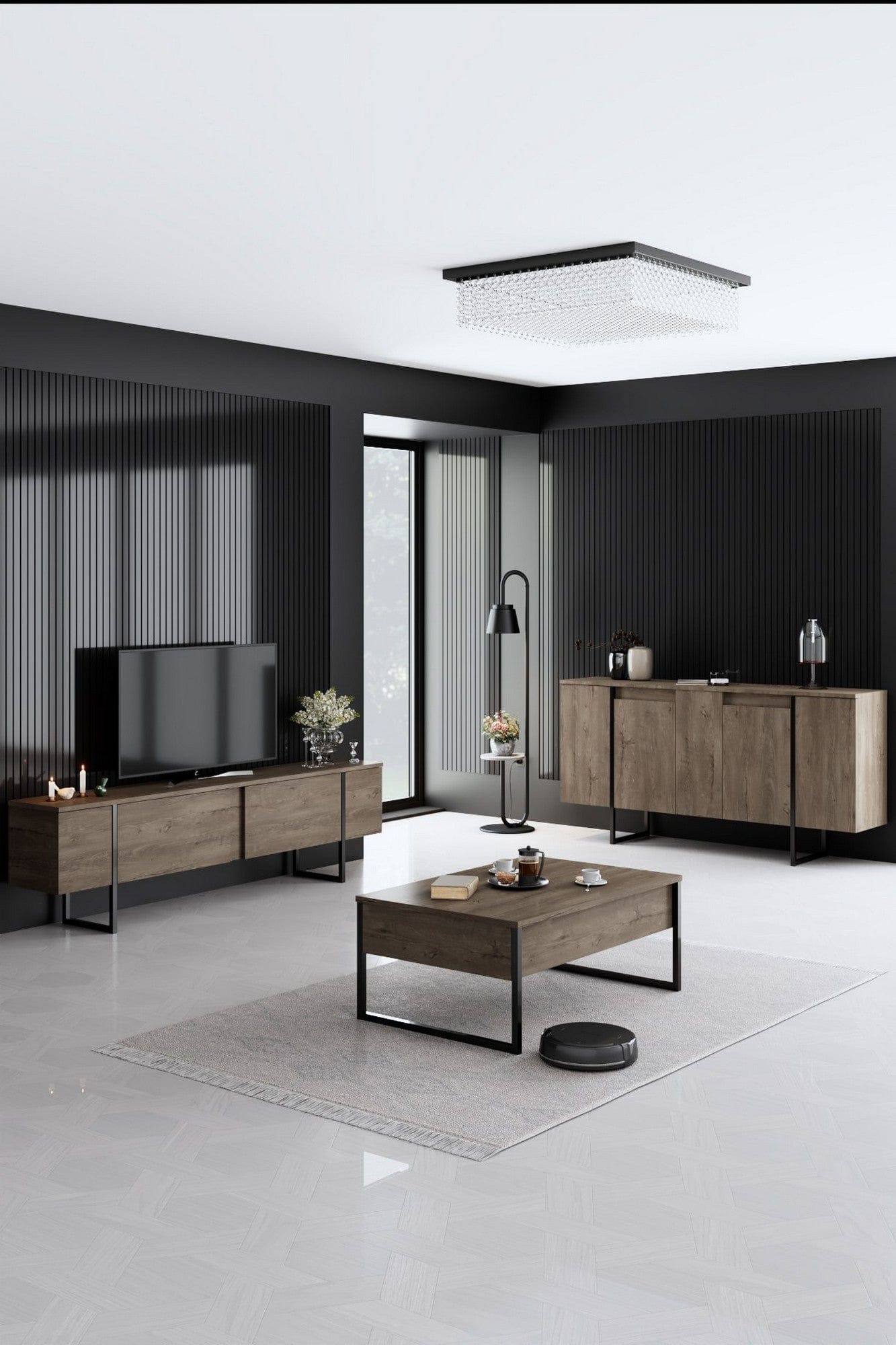 Mobilier living LUXE, stejar inchis/negru, PAL melaminat/metal, 3 piese