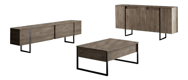 Mobilier living LUXE, stejar inchis/negru, PAL melaminat/metal, 3 piese