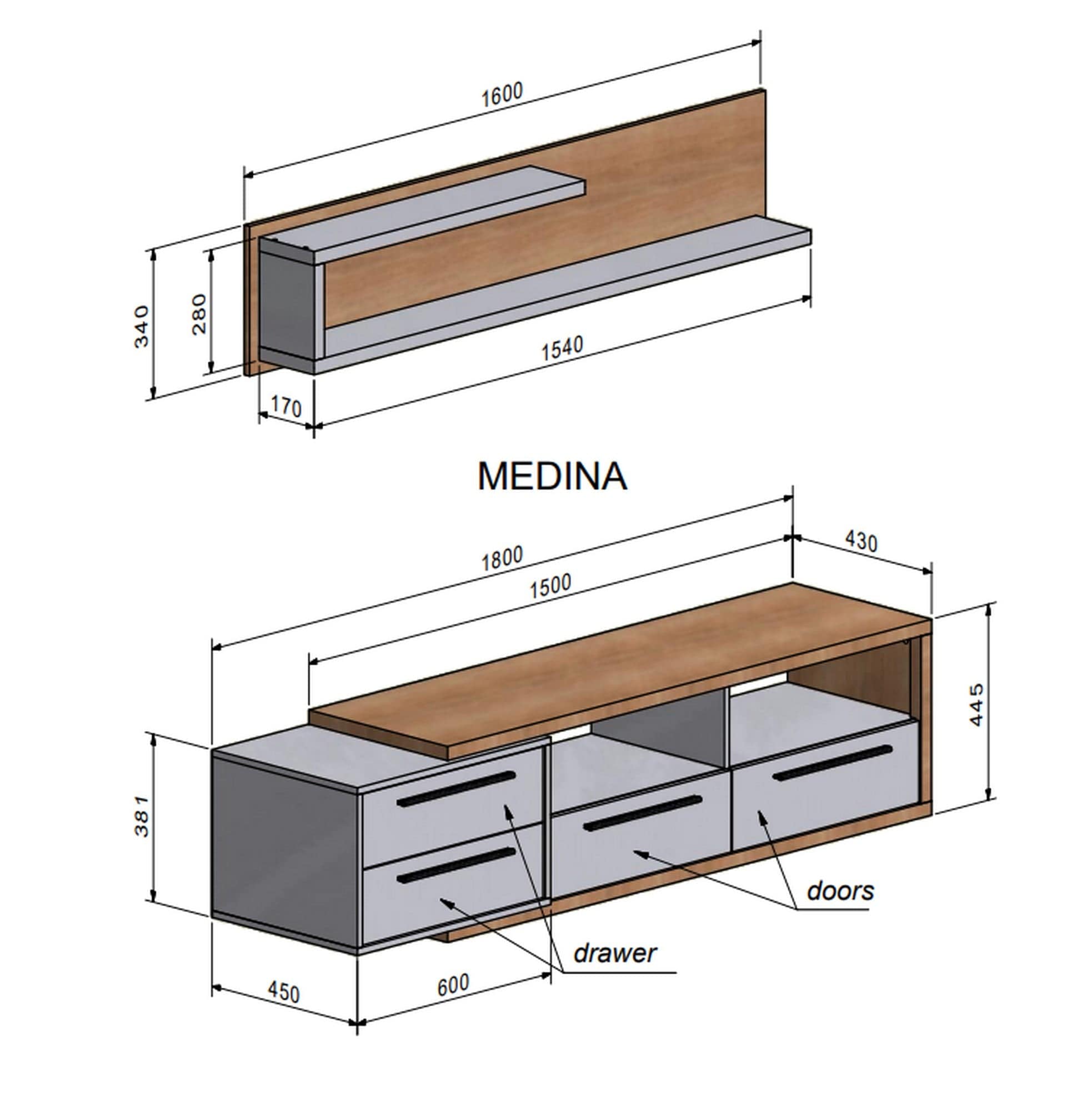 Mobilier living MEDINA, pin alb/stejar, PAL, 180x44x160 cm