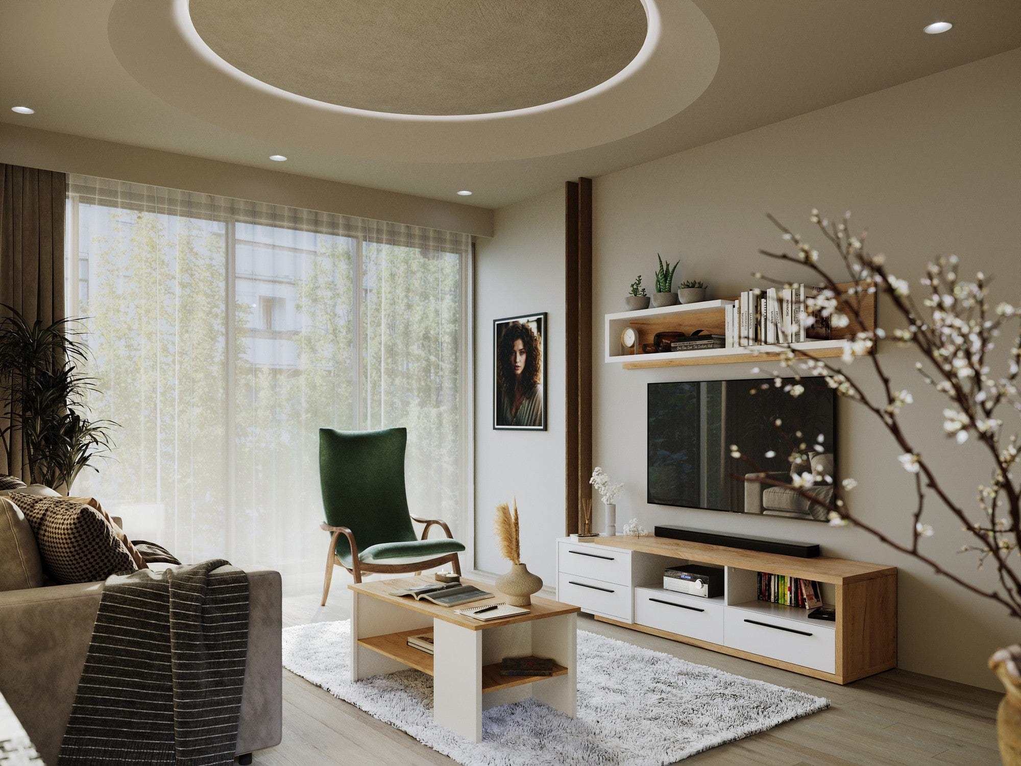 Mobilier living MEDINA, pin alb/stejar, PAL, 180x44x160 cm