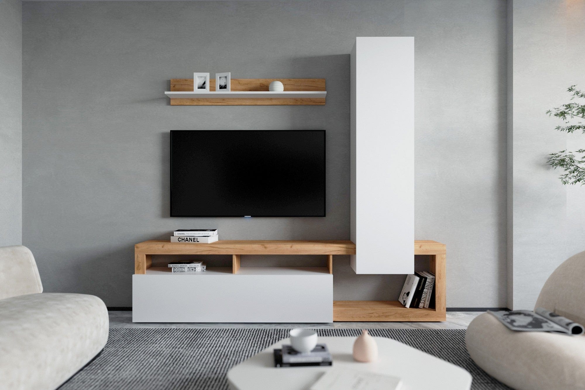 Mobilier living MIA, pin alb/stejar, PAL, 220x35x199 cm