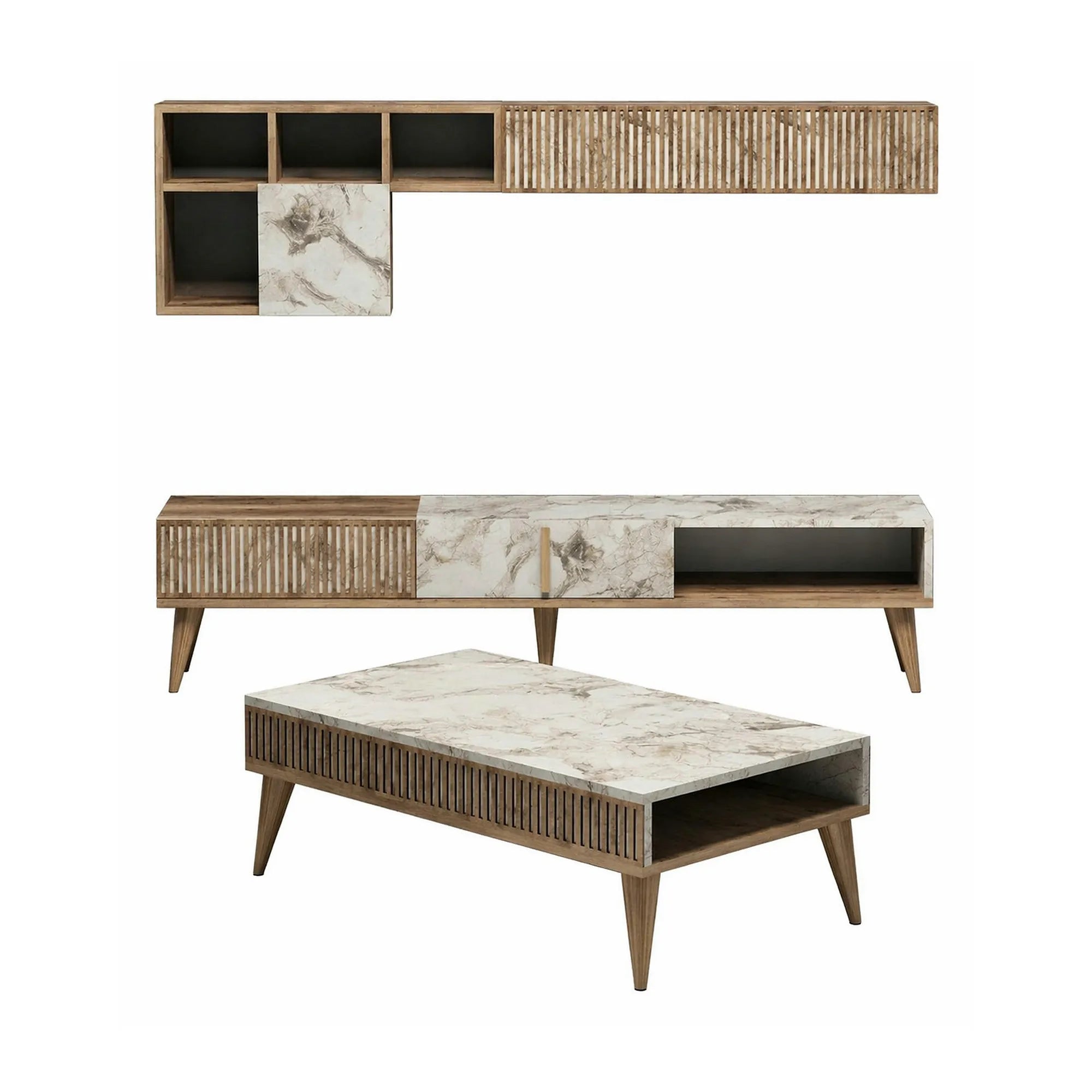 Mobilier living MILAN, alb cu efect de marmura/nuc, PAL melaminat, 3 piese
