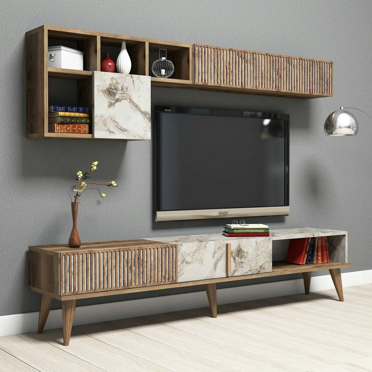 Mobilier living MILAN, alb cu efect de marmura/nuc, PAL melaminat, 3 piese