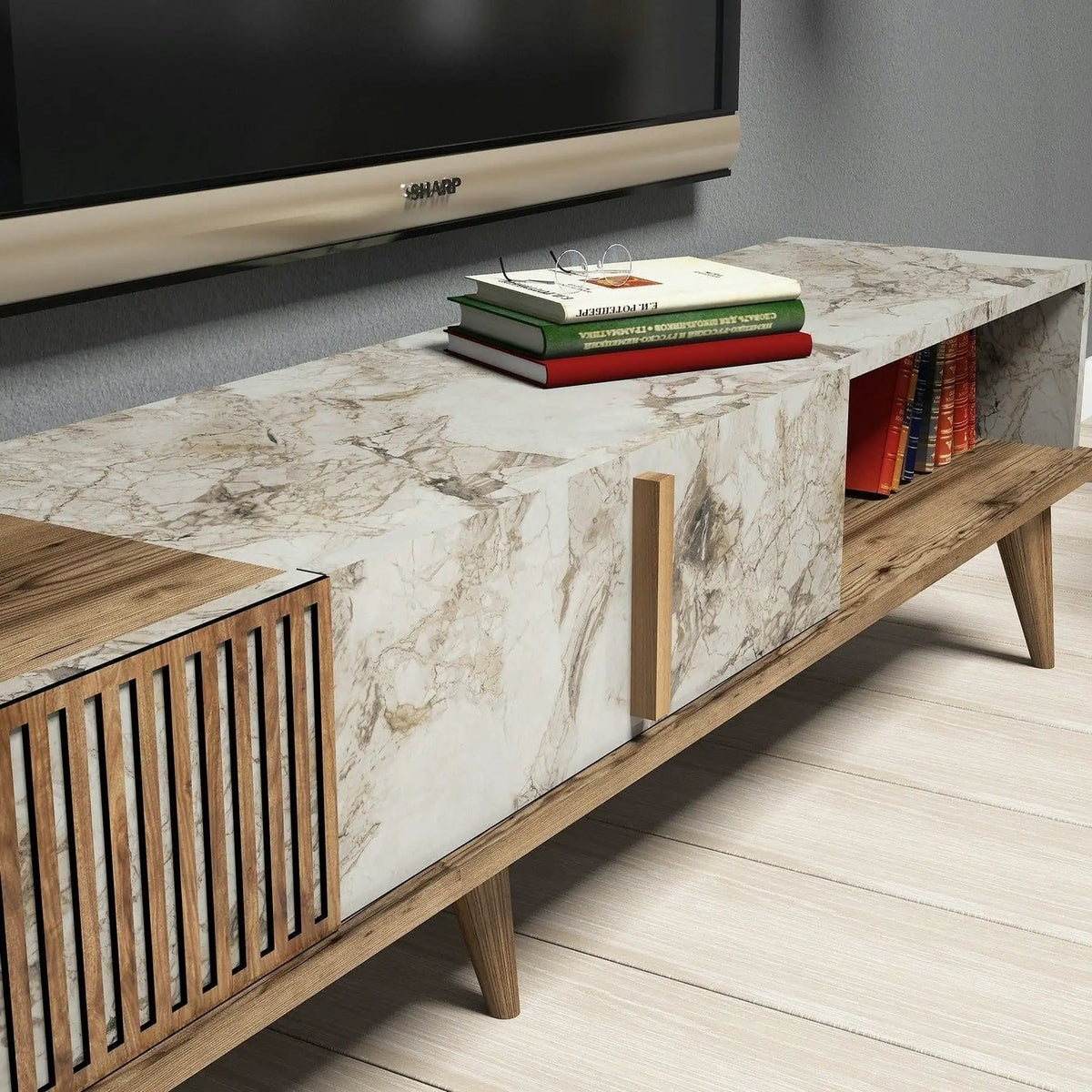 Mobilier living MILAN, alb cu efect de marmura/nuc, PAL melaminat, 3 piese