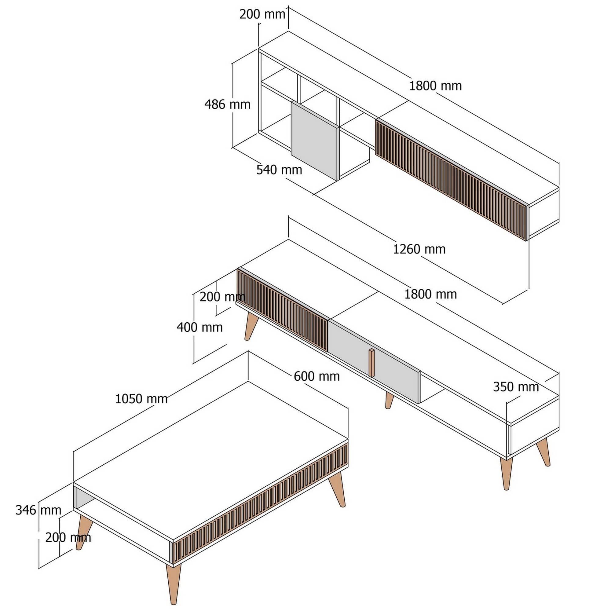 Mobilier living MILAN, efect de piatra travertin/nuc, PAL melaminat, 3 piese