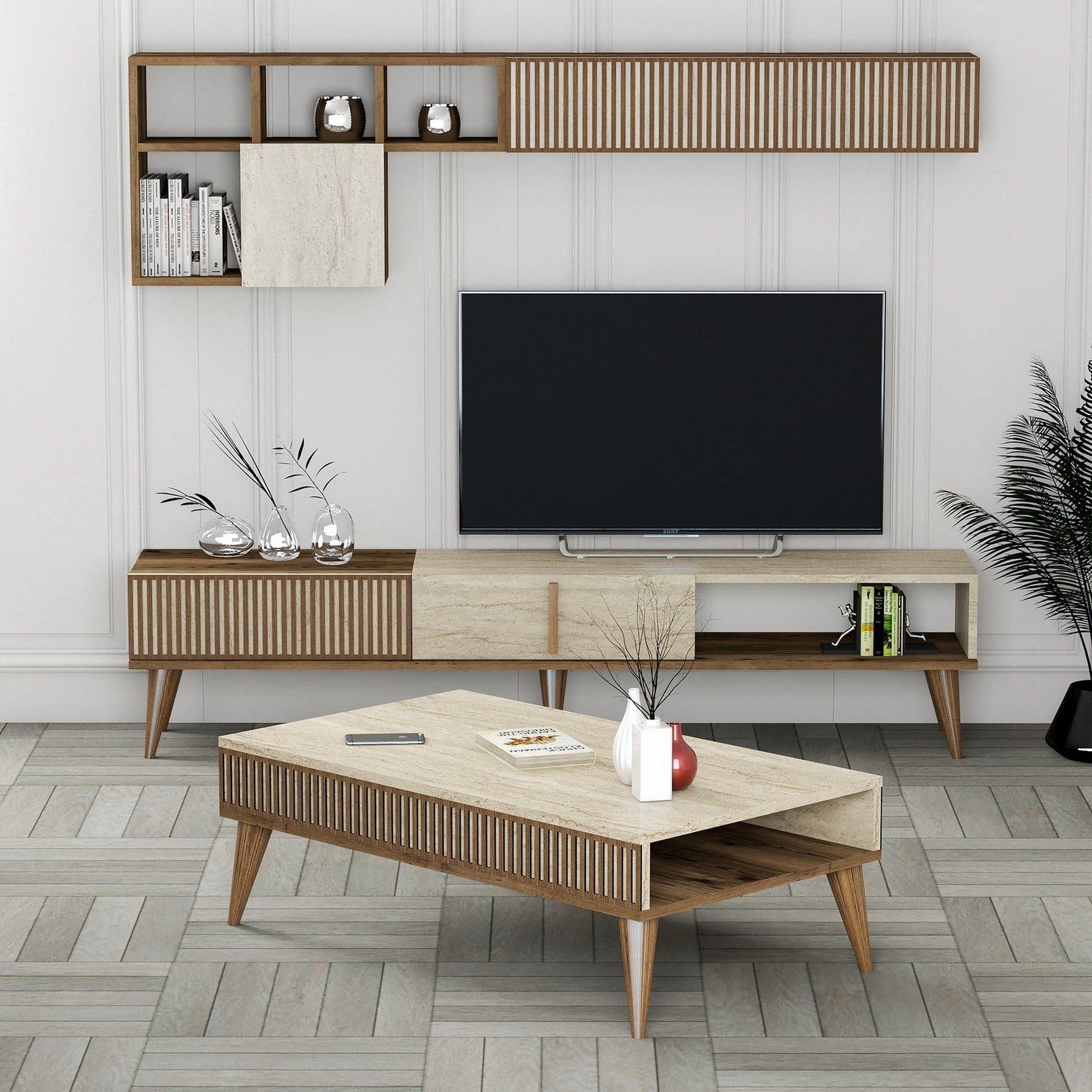 Mobilier living MILAN, efect de piatra travertin/nuc, PAL melaminat, 3 piese