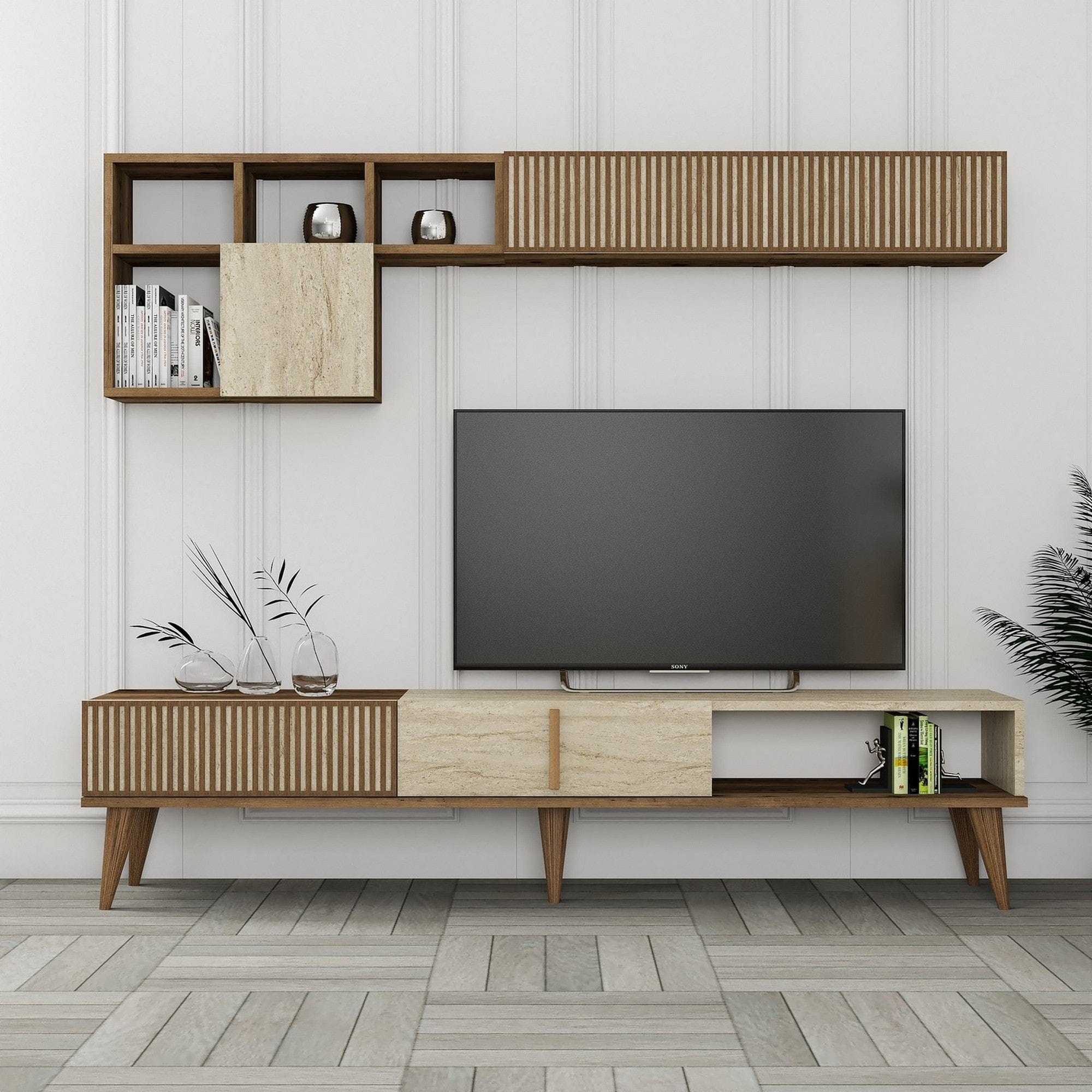 Mobilier living MILAN, efect de piatra travertin/nuc, PAL melaminat, 3 piese