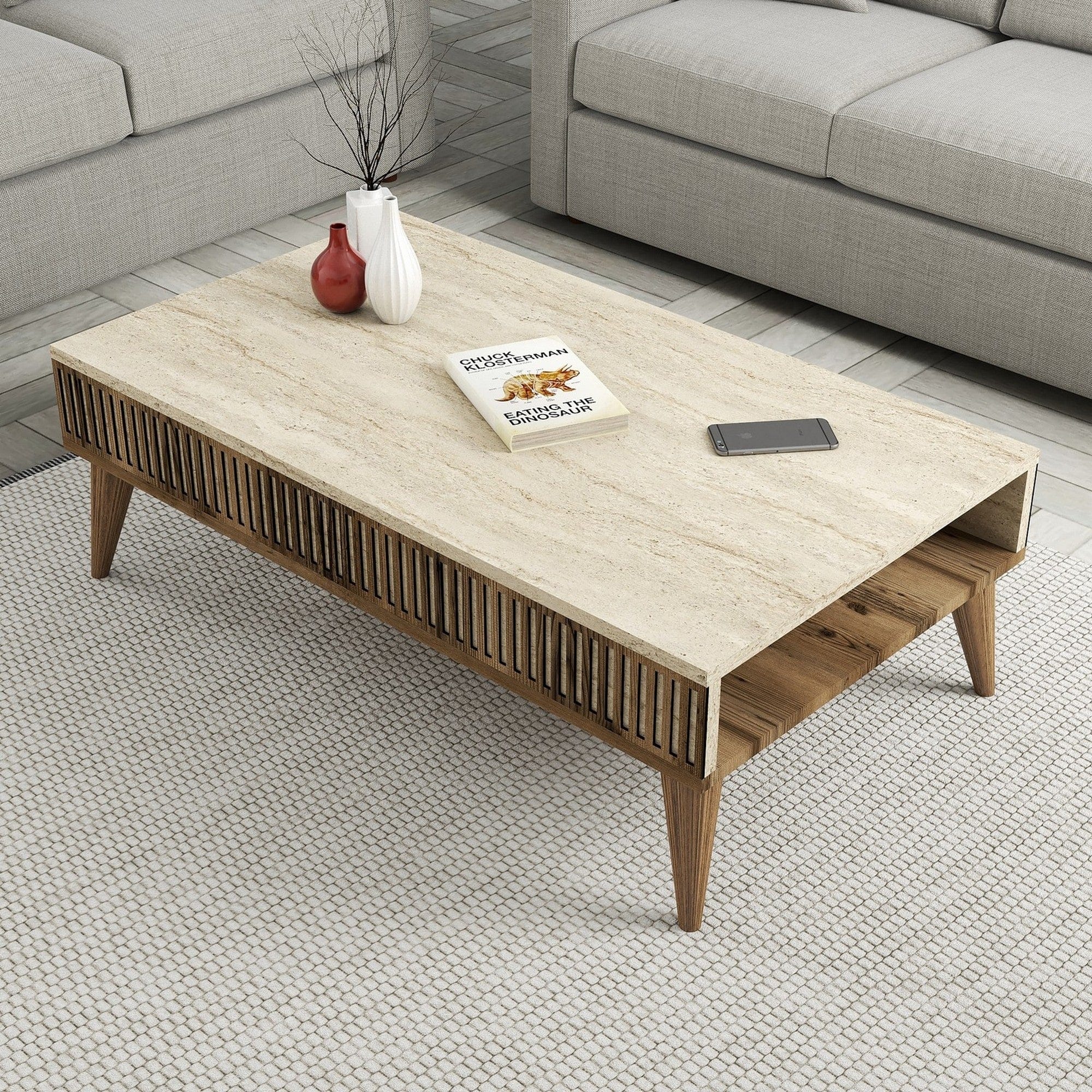 Mobilier living MILAN, efect de piatra travertin/nuc, PAL melaminat, 3 piese