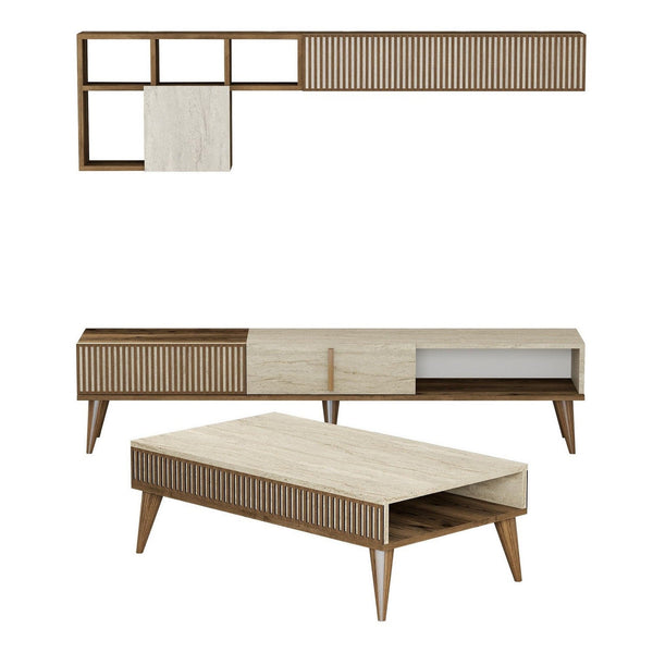 Mobilier living MILAN, efect de piatra travertin/nuc, PAL melaminat, 3 piese