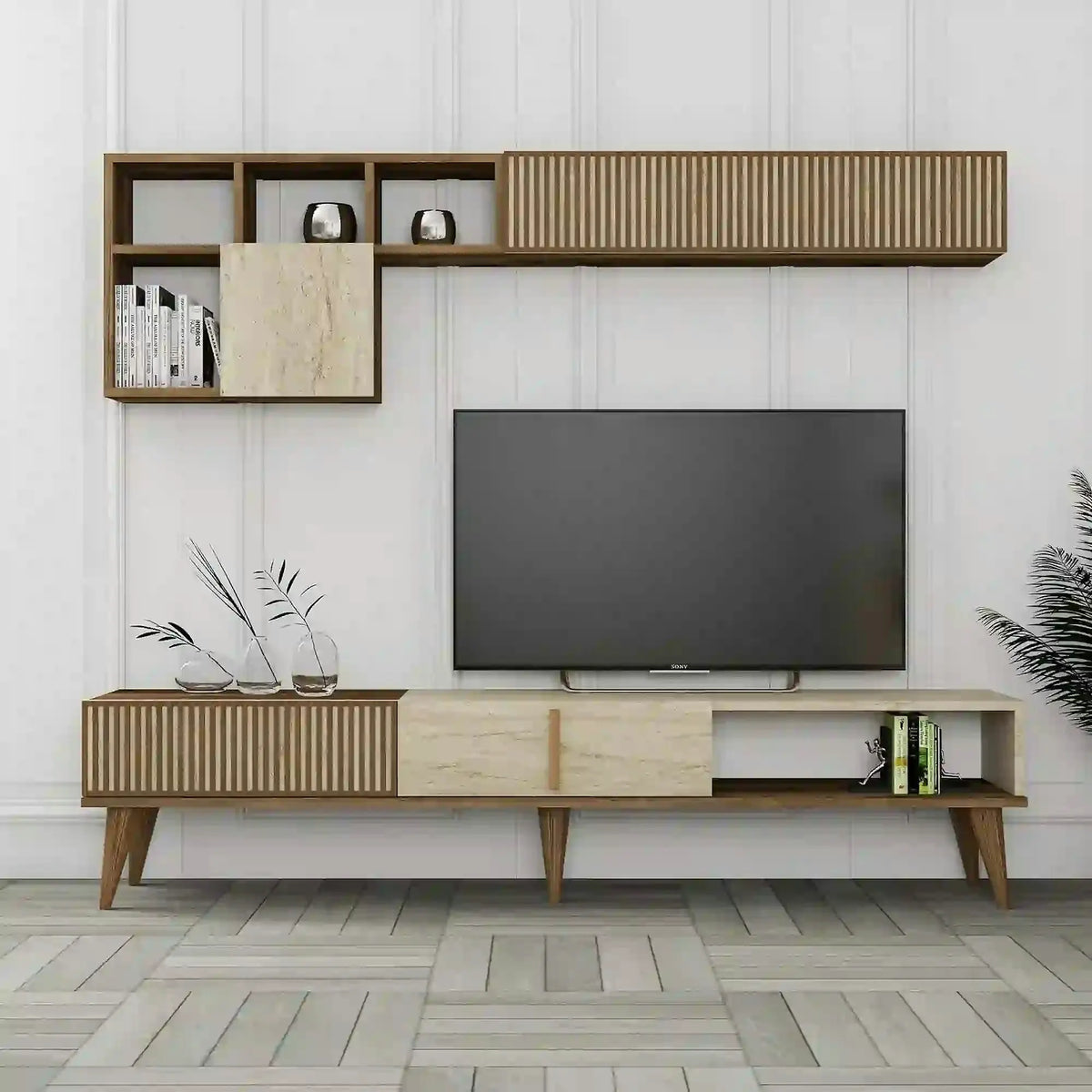 Mobilier living MILAN, efect de piatra travertin/nuc, PAL melaminat, 3 piese